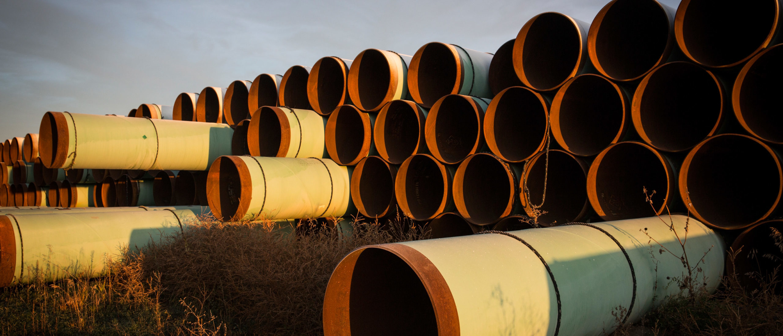 Miles of unused pipe, prepared for the Keystone XL pipeline, sit in a lot on Oct. 14, 2014 outside of Gascoyne, North Dakota. (Andrew Burton/Getty Images)