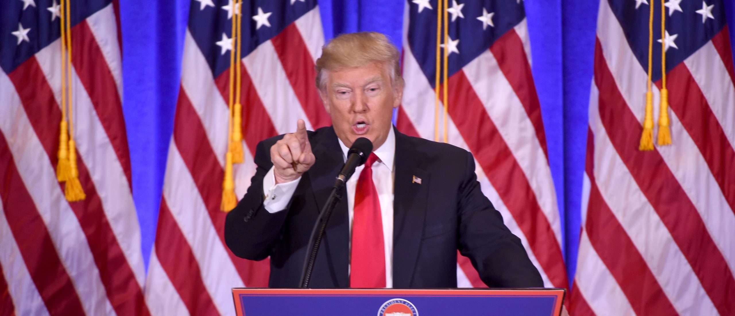 US President-elect Donald Trump adresses a CNN journalist (Jim Acosta, unseen)and refuses toanswer his question during a press conference on January 11, 2017 in New York. Donald Trump is holding his first news conference in nearly six months Wednesday, amid explosive allegations over his ties to Russia, a little more than a week before his inauguration. / AFP / DON EMMERT (DON EMMERT/AFP via Getty Images)
