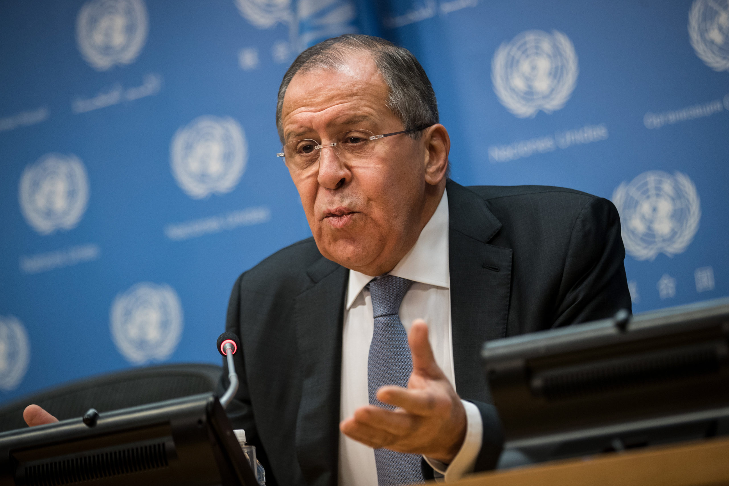 Russian Foreign Minister Sergey Lavrov Holds Press Briefing At U.N.