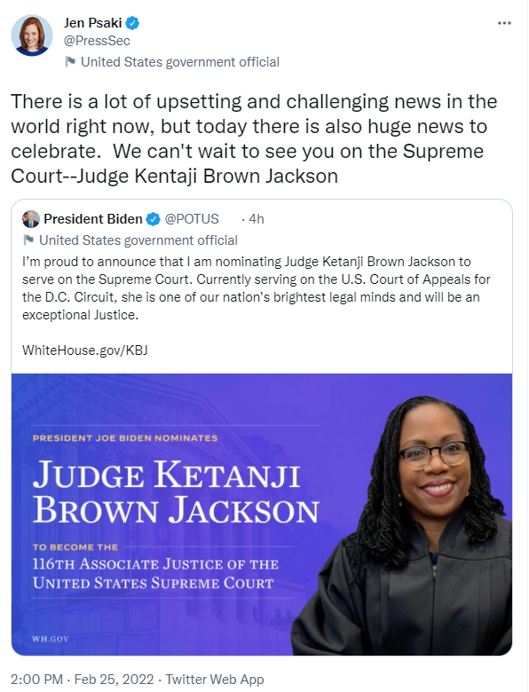 White House press secretary Jen Psaki misspells Judge Ketanji Brown Jackson's name as "Kentaji" in a tweet. (Screenshot/Twitter)
