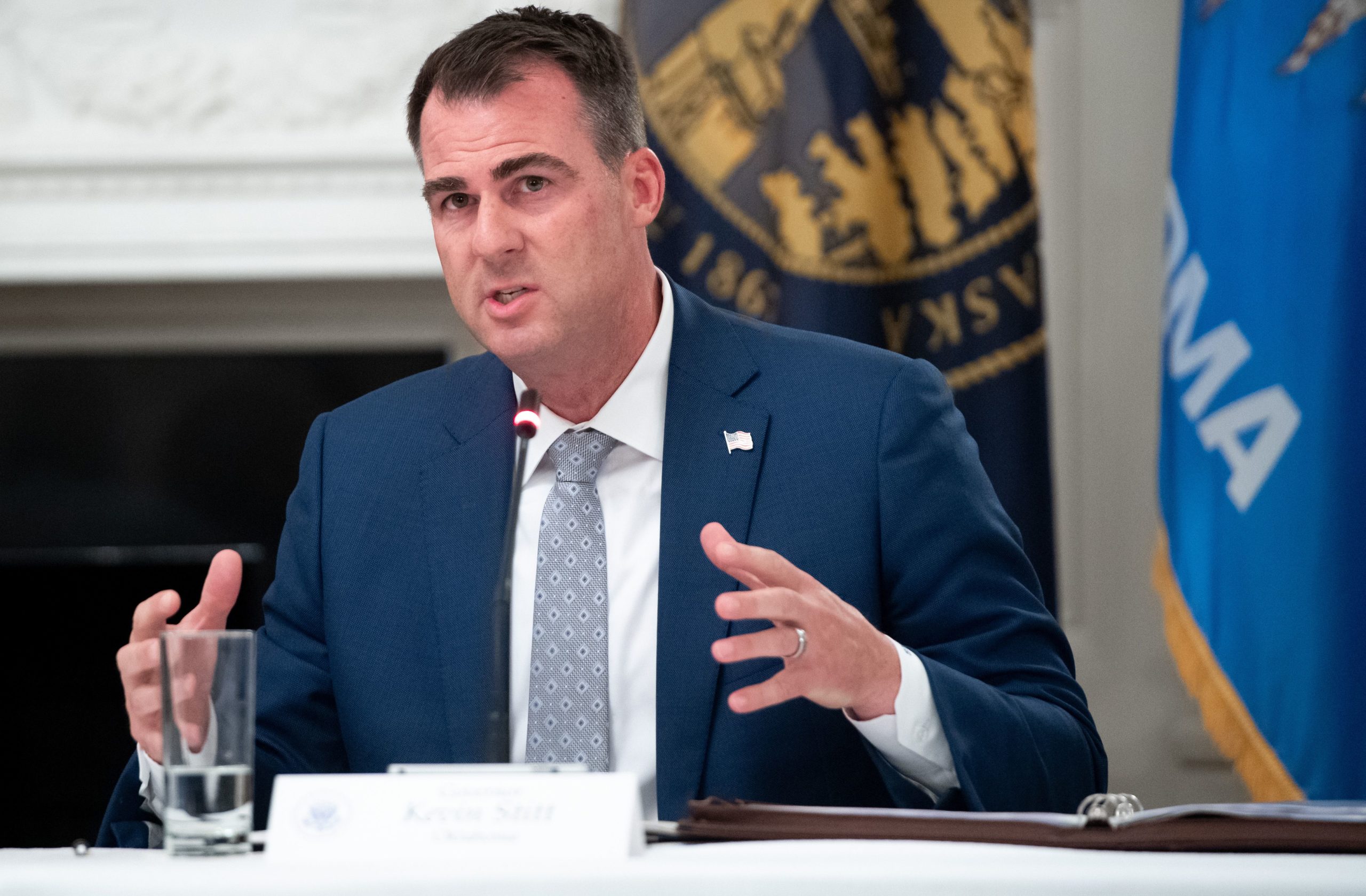 Oklahoma Governor Kevin Stitt speaks during a roundtable discussion with US President Donald Trump about economic reopening of closures due to COVID-19, known as coronavirus, in the State Dining Room of the White House in Washington, DC, June 18, 2020. (Photo by SAUL LOEB / AFP) (Photo by SAUL LOEB/AFP via Getty Images)