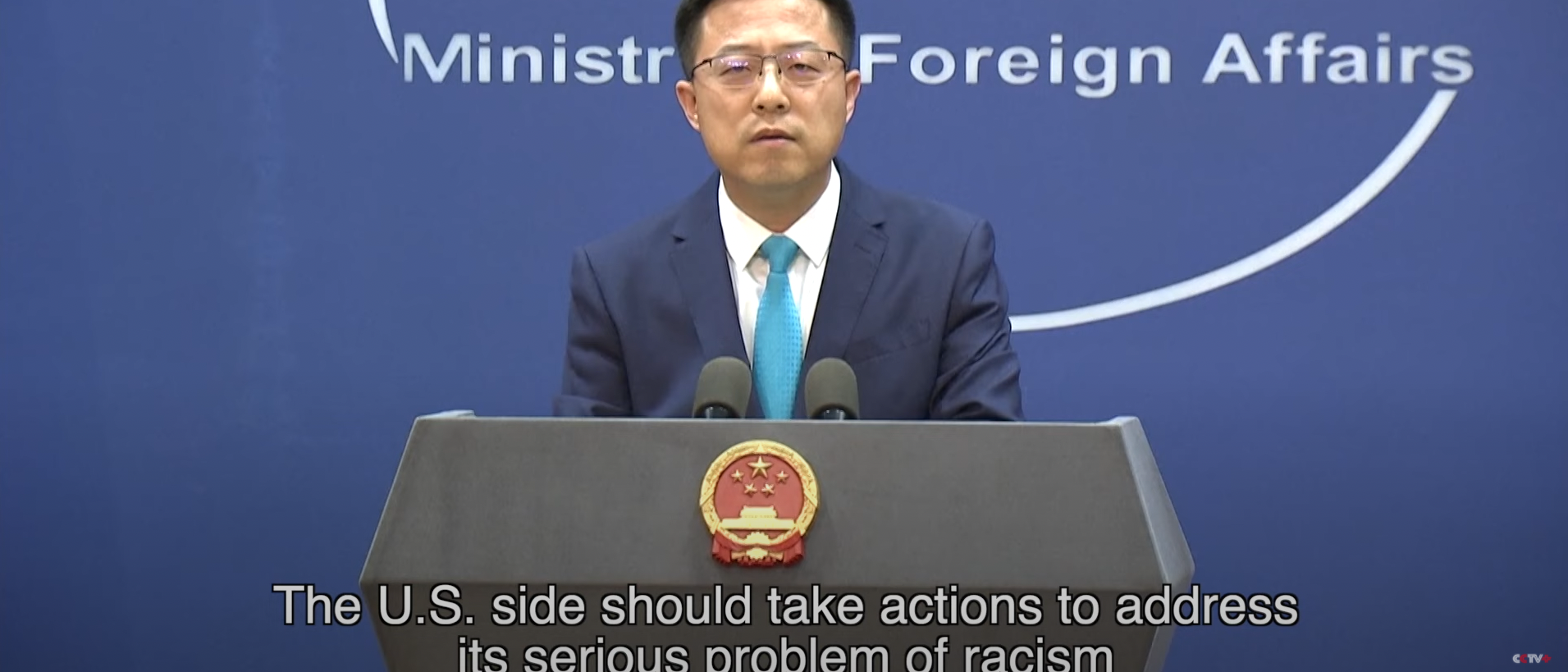 PRC Foreign Ministry Spokesperson Zhao Lijian claims the China Initiative is motivated by racism during a press conference on December 15, 2021.