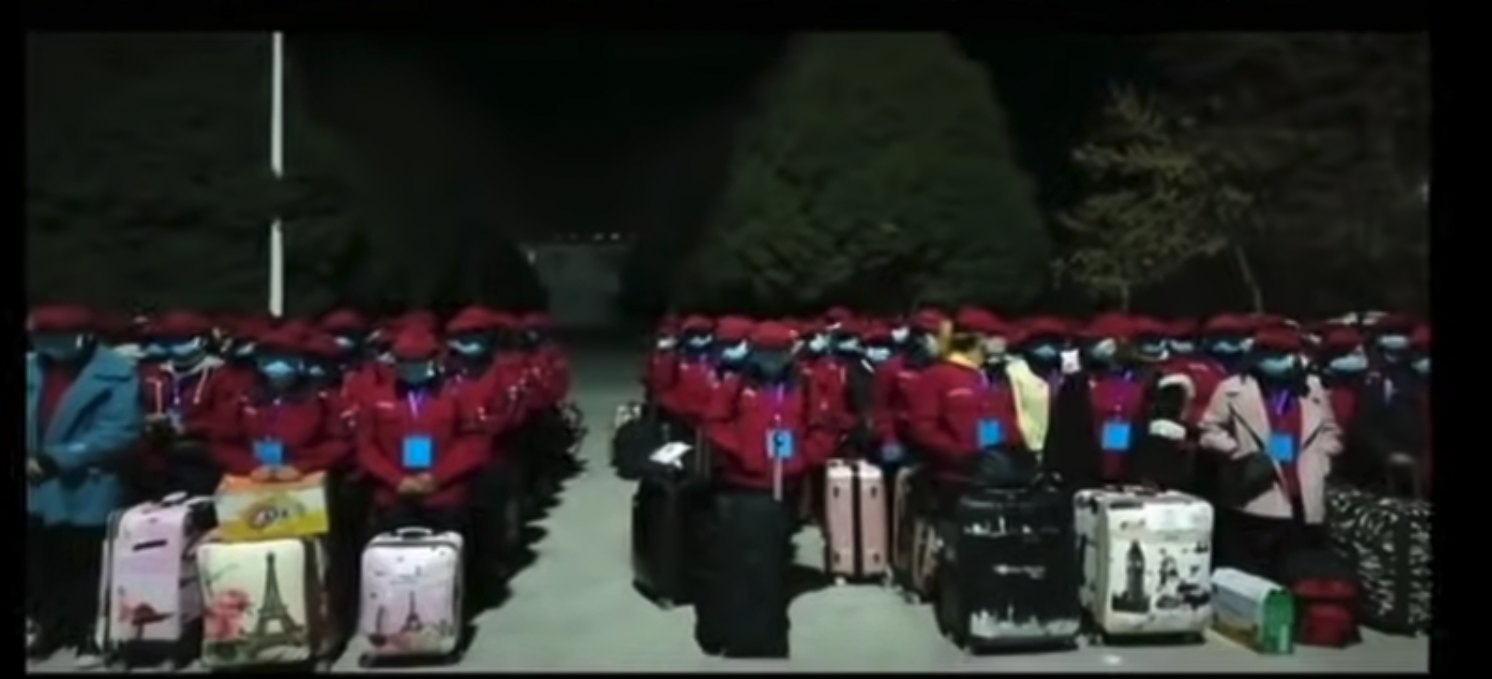 The CCP recasts forced labor as voluntary migrant work in a propaganda video from February 2020, in which 179 Uyghur “migrant workers” are moved from Xinjiang to Fujian far to the southeast. [YouTube/Screenshot/Channel4News]