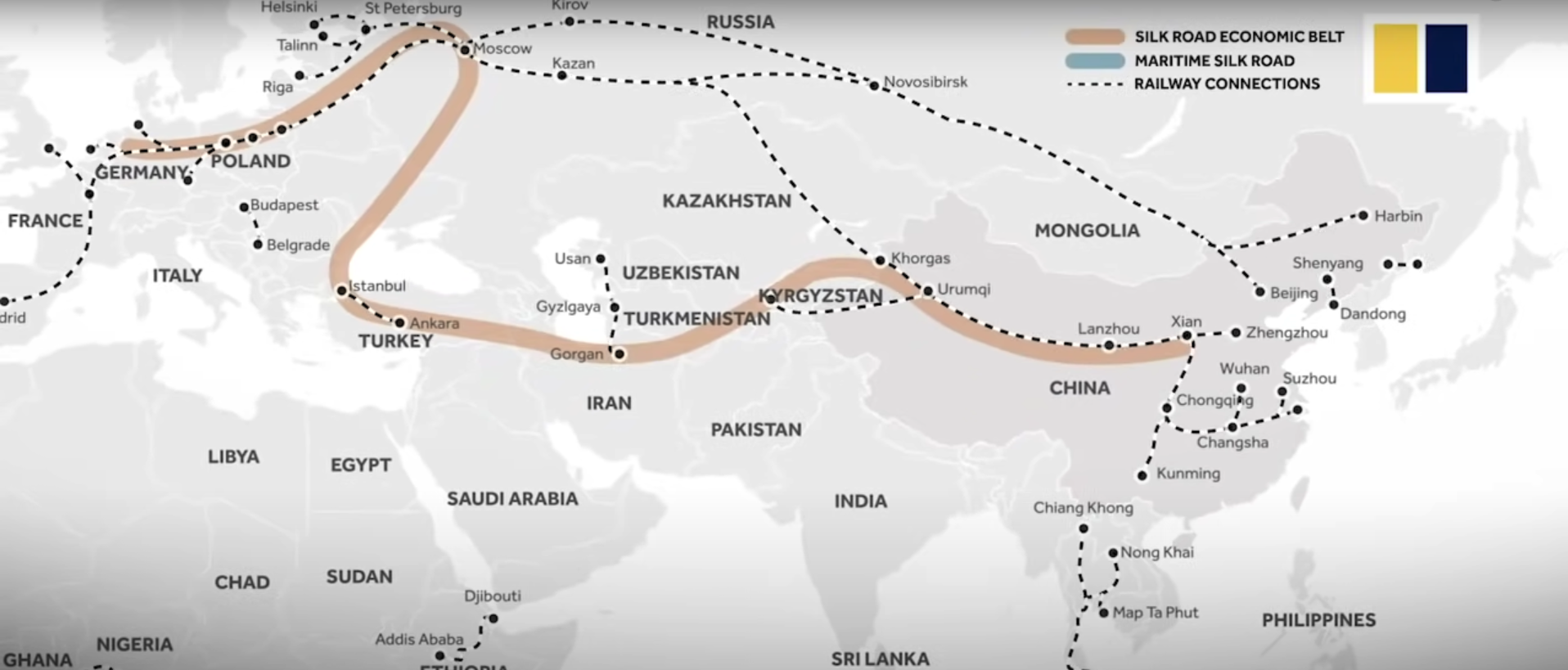 The Belt and Road Initiative relies on safe passage through Xinjiang. [YouTube/Screenshot/SouthChinaMorningPost]