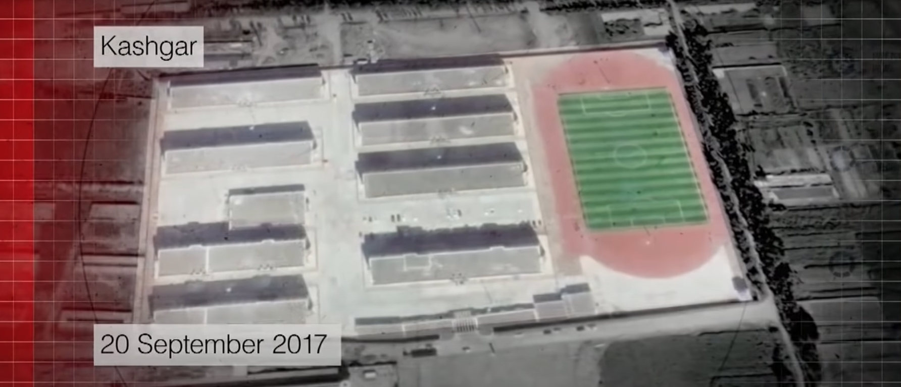 Satellite imagery has captured the construction of massive detention centers across Xinjiang. [YouTube/Screenshot/BBCNews]