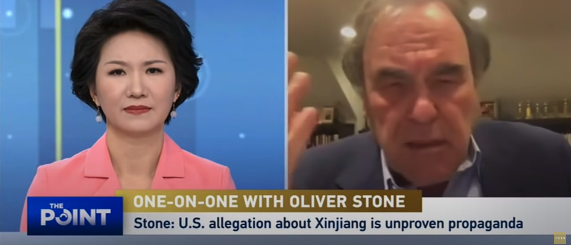 Chinese state media, CGTN, interviewed American film director Oliver Stone in October 2021, who downplayed the threat of the Soviet Union, called American news propaganda, insinuated Huawei was benign, and called “accusations” about the Uyghur genocide “insane,” saying there was “no proof.” [YouTube/Screenshot/CGTN]