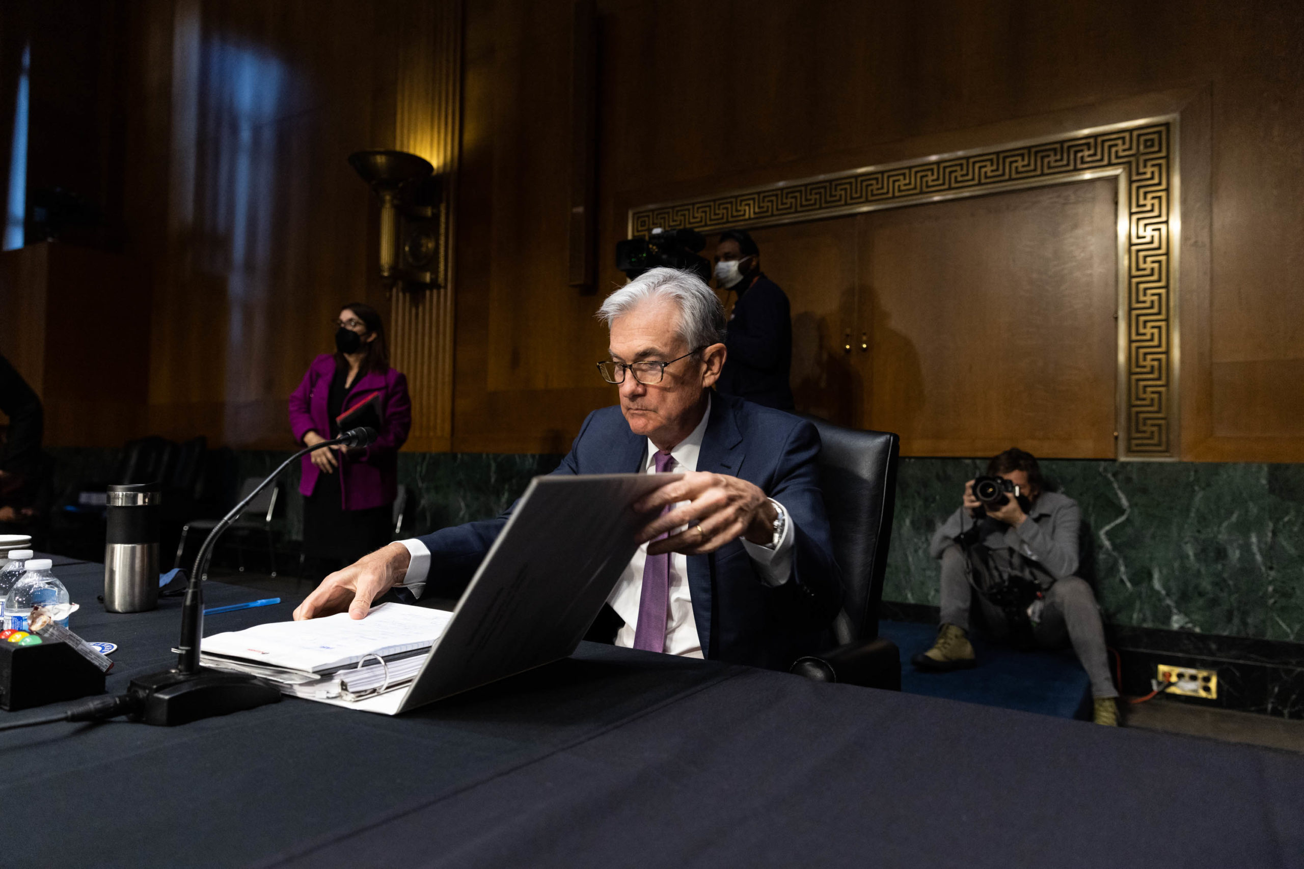 Jerome H. Powell, Chair of the Board of Governors of the Federal Reserve, prepares to leave at the end of a confirmation hearing before the Senate Banking, Housing and Urban Affairs Committee on January 11, 2022 in Washington, DC. (Photo by Graeme Jennings-Pool/Getty Images)