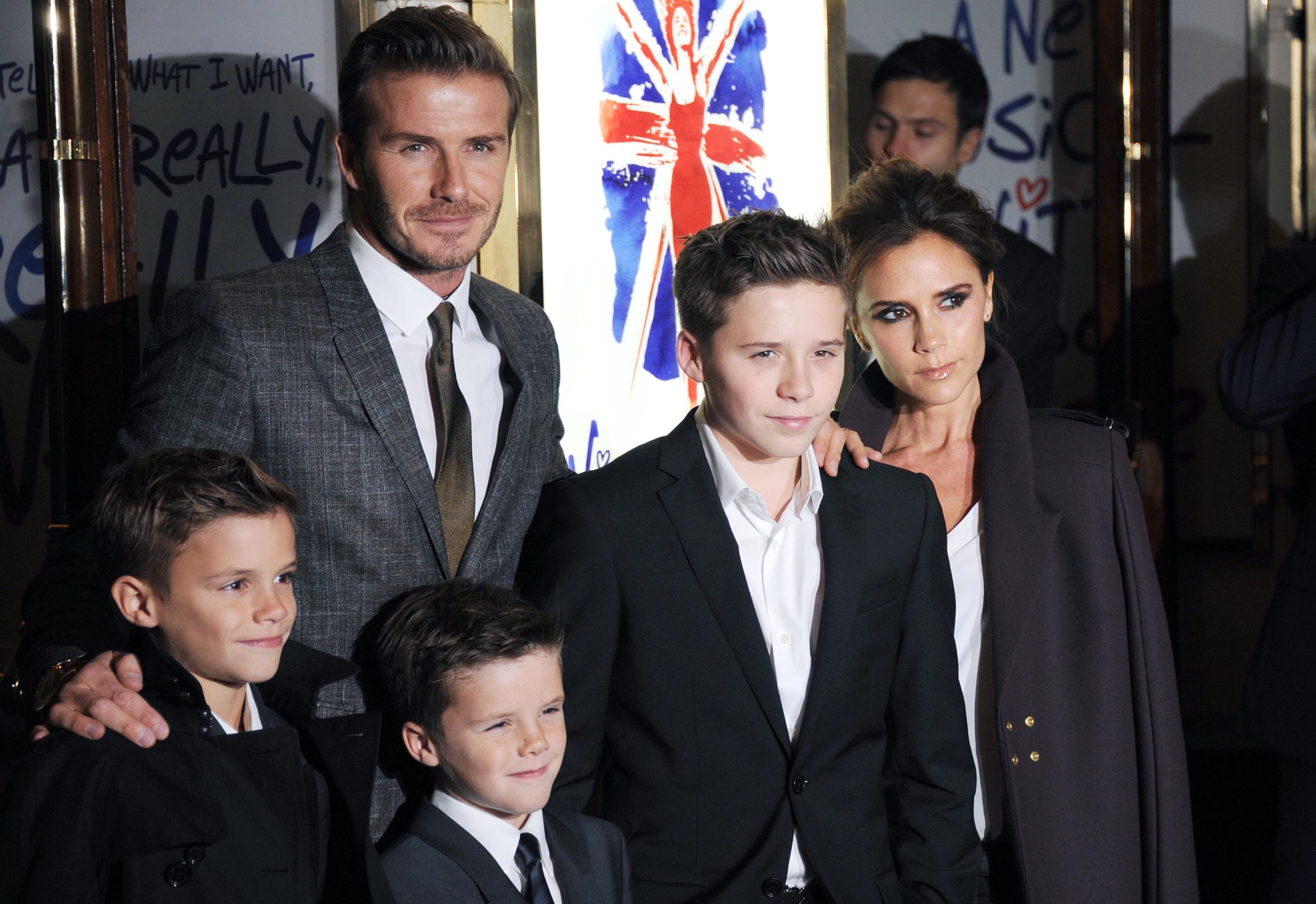 LONDON, UNITED KINGDOM - DECEMBER 11: Romeo Beckham, David Beckham, Cruz Beckham, Brooklyn Beckham and Victoria Beckham attend the press night of 'Viva Forever', a musical based on the music of The Spice Girls at Piccadilly Theatre on December 11, 2012 in London, England. (Photo by Stuart Wilson/Getty Images)