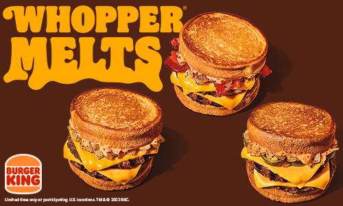 The new Whopper Melts, with the regular Whopper Melt (left), Bacon Whopper Melt (center), and Spicy Whopper Melt (right).
