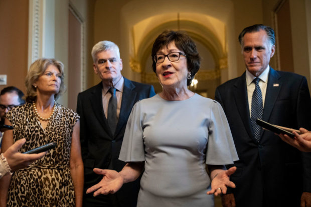 WASHINGTON, DC - JULY 28: The lead GOP negotiators on the bipartisan infrastructure legislation, L-R, Sen. Lisa Murkowski (R-AK), Sen. Bill Cassidy (R-LA), Sen. Susan Collins (R-ME) and Sen. Mitt Romney (R-UT) speak to reporters after meeting privately with Senate Minority Leader Mitch McConnell (R-KY) at the U.S. Capitol on July 28, 2021 in Washington, DC. The group told reporters that they now have an agreement with Senate Democrats on the major issues of the bill. (Photo by Drew Angerer/Getty Images)