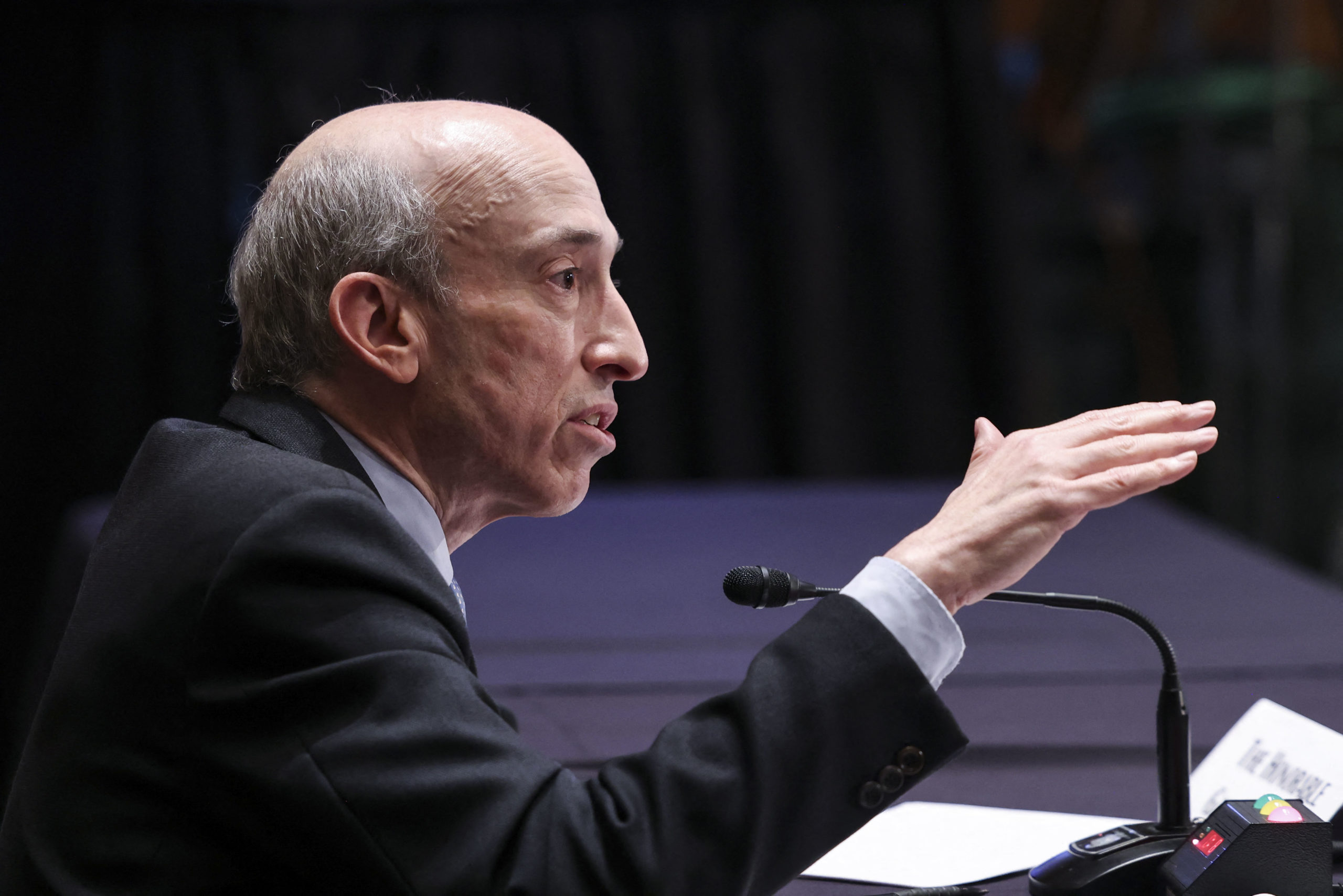 Gary Gensler, chair of the Securities and Exchange Commission, testifies during a Senate Banking Committee hearing on Sept. 14. (Evelyn Hockstein/Pool/AFP via Getty Images)