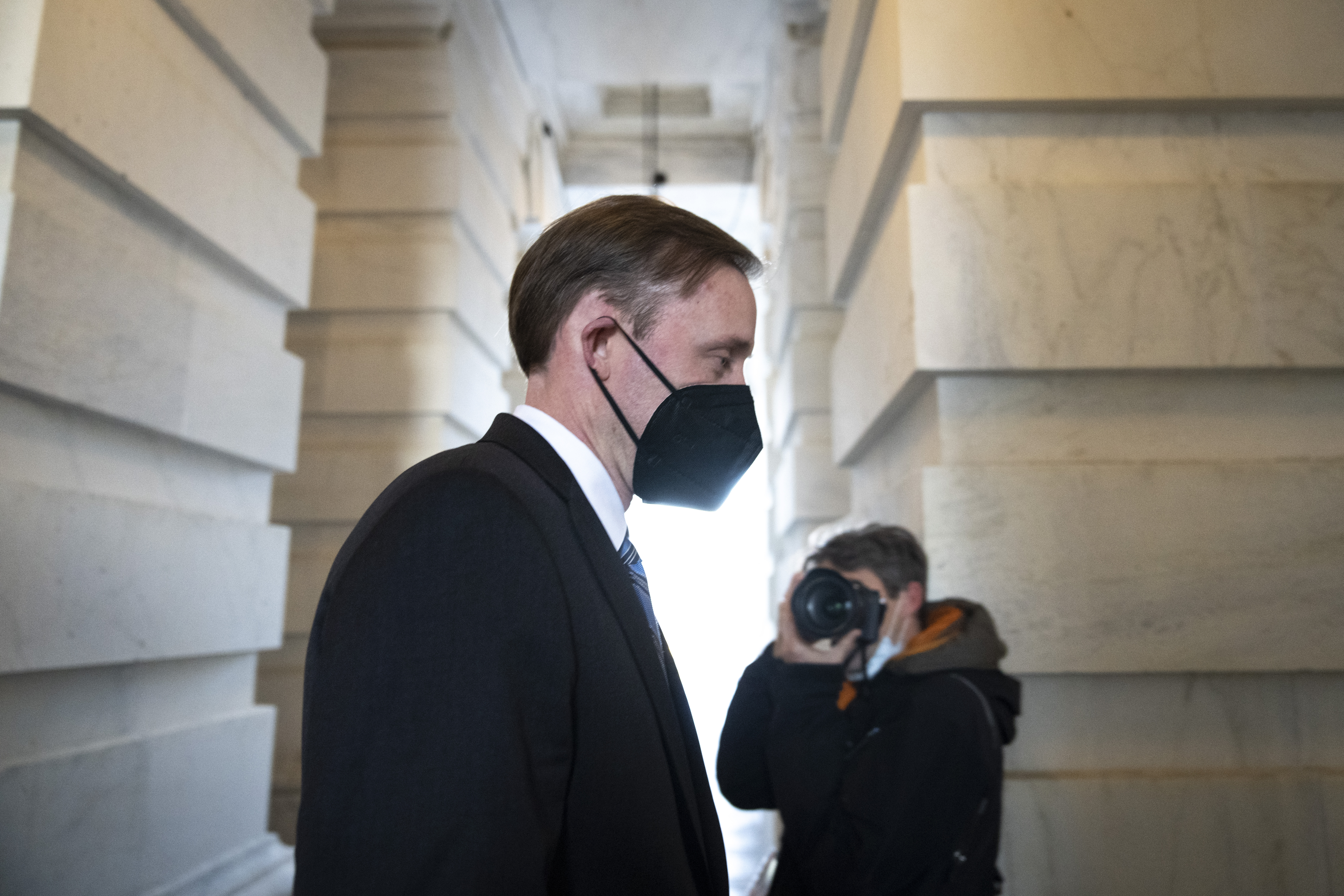 WASHINGTON, DC - FEBRUARY 14: White House National Security Advisor Jake Sullivan leaves the U.S. Capitol after a closed-door briefing with Senators on February 14, 2022 in Washington, DC. Sullivan briefed the lawmakers about Russia's military buildup along its border with Ukraine. (Photo by Drew Angerer/Getty Images)