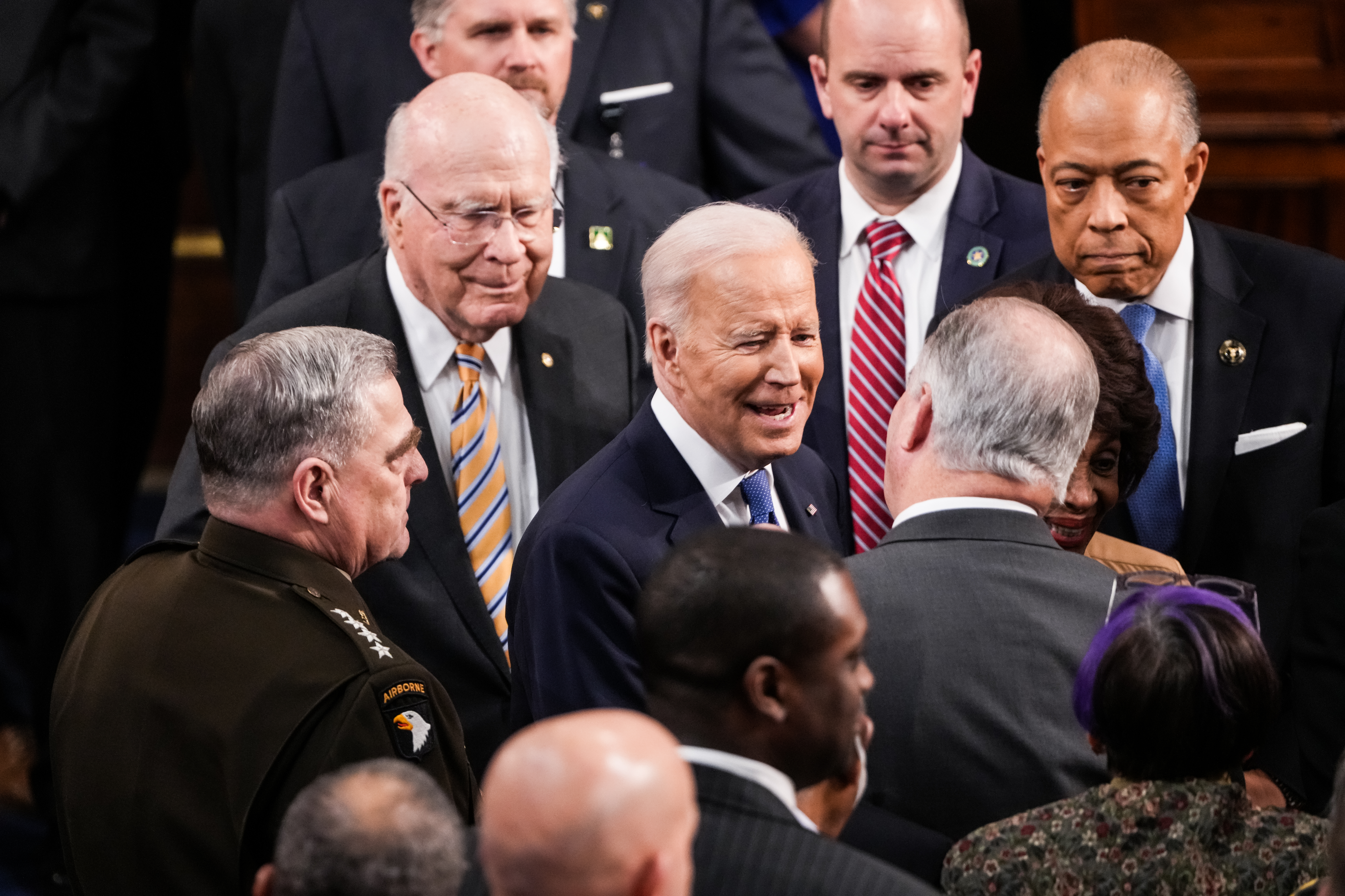 NYTSOTU2022 - President Joe Biden departing after delivering his State of the Union Address to Congress in the Capitol on March 01, 2022 in Washington, DC. During his first State of the Union address, Biden spoke on his administration’s efforts to lead a global response to the Russian invasion of Ukraine, work to curb inflation, and bring the country out of the COVID-19 pandemic. (Photo by Sarahbeth Maney-Pool/Getty Images)