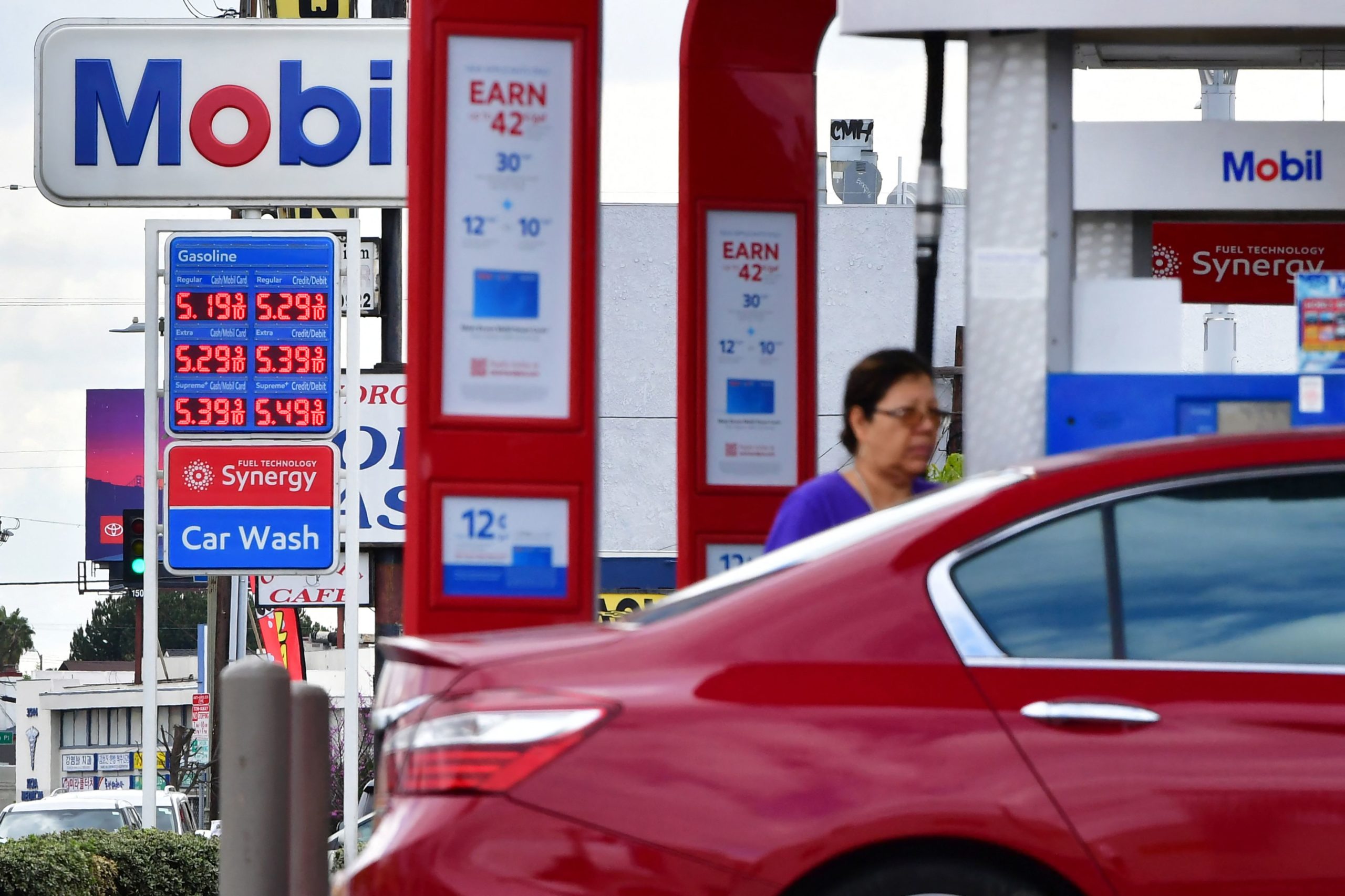 Gas prices over $5.00 a gallon are posted at a petrol station in Los Angeles, California on March 4. (Frederic J. Brown/AFP via Getty Images)