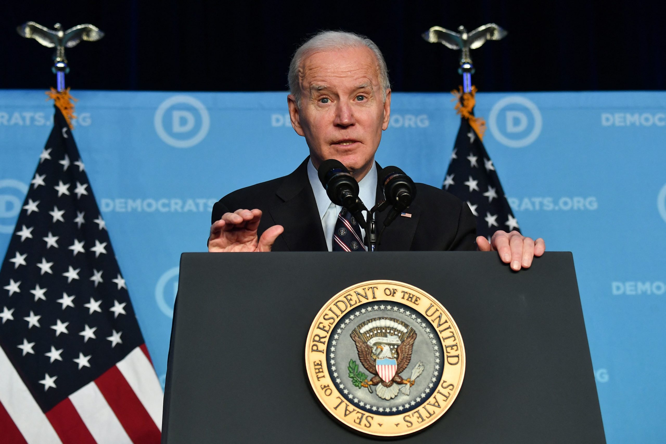 President Joe Biden speaks at the Democratic National Committees Winter Meeting on March 10 in Washington, D.C. (Nicholas Kamm/AFP via Getty Images)