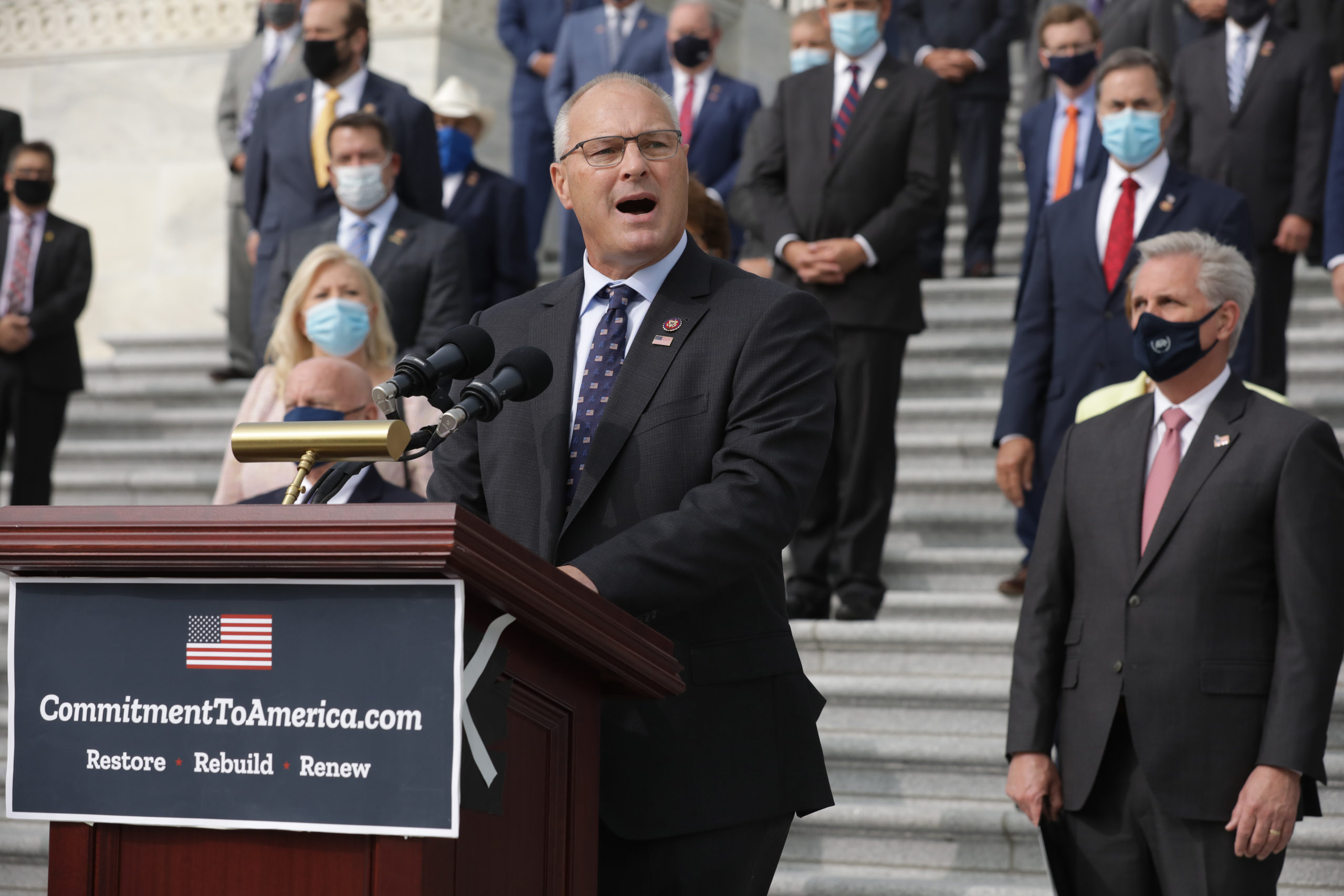Rep. Pete Stauber joins fellow House Republicans while introducing their proposed legislative agenda in September 2020. (Chip Somodevilla/Getty Images)