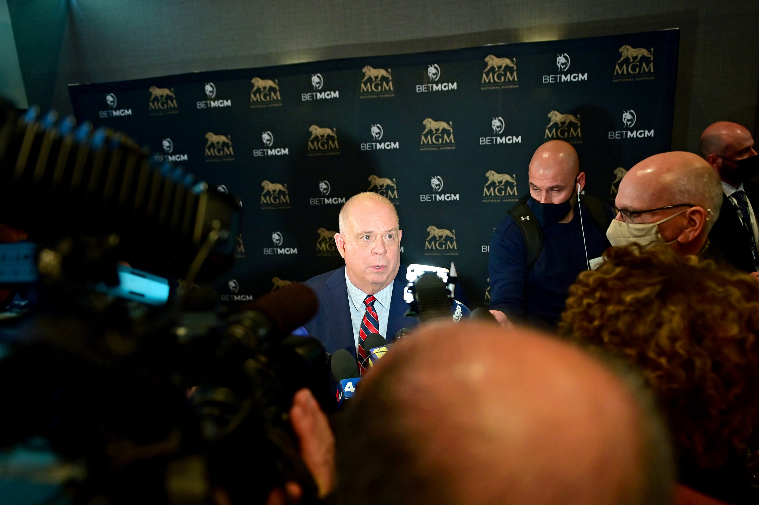 Maryland Gov. Larry Hogan speaks to press as MGM National Harbor on Dec. 9 in Oxon Hill, Maryland. (Shannon Finney/Getty Images for MGM National Harbor)