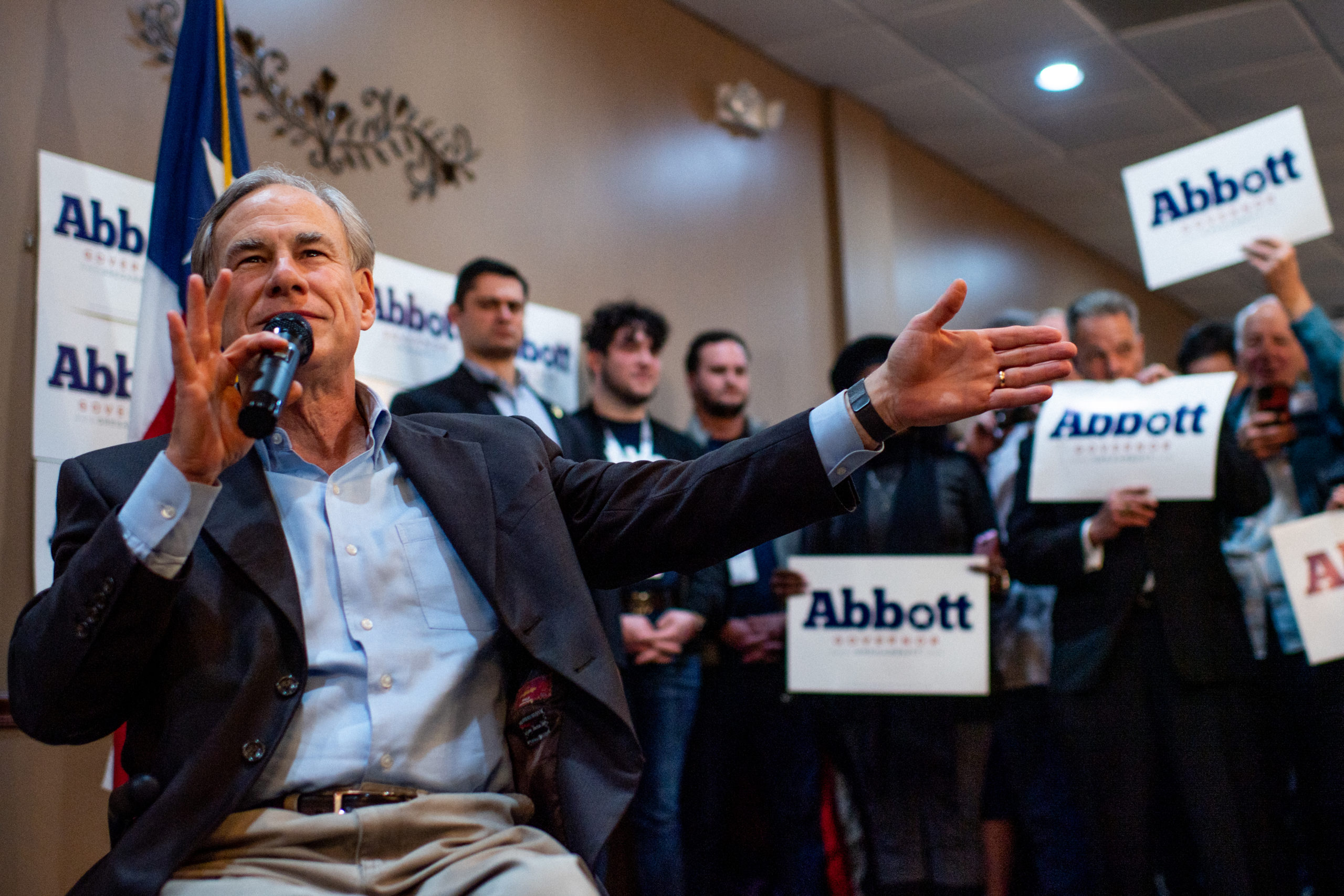 Texas Gov. Greg Abbott speaks during the 'Get Out The Vote' campaign event on February 23, 2022 in Houston, Texas. (Photo by Brandon Bell/Getty Images)