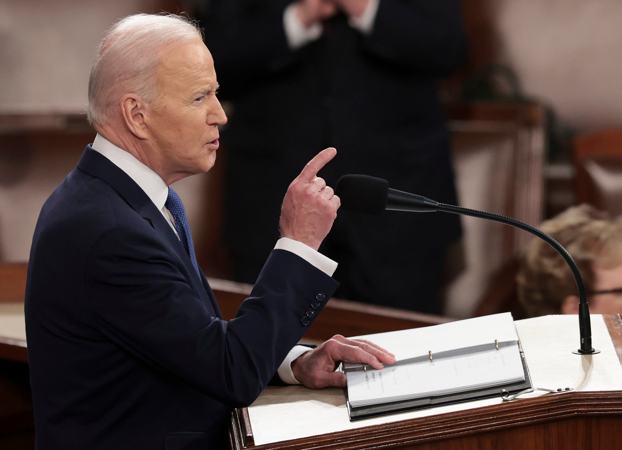 WASHINGTON, DC - MARCH 01: U.S. President Joe Biden delivers the State of the Union address during a joint session of Congress in the U.S. Capitol's House Chamber March 01, 2022 in Washington, DC. During his first State of the Union address Biden spoke on his administration's efforts to lead a global response to the Russian invasion of Ukraine, work to curb inflation and to bring the country out of the COVID-19 pandemic. (Photo by Win McNamee/Getty Images)