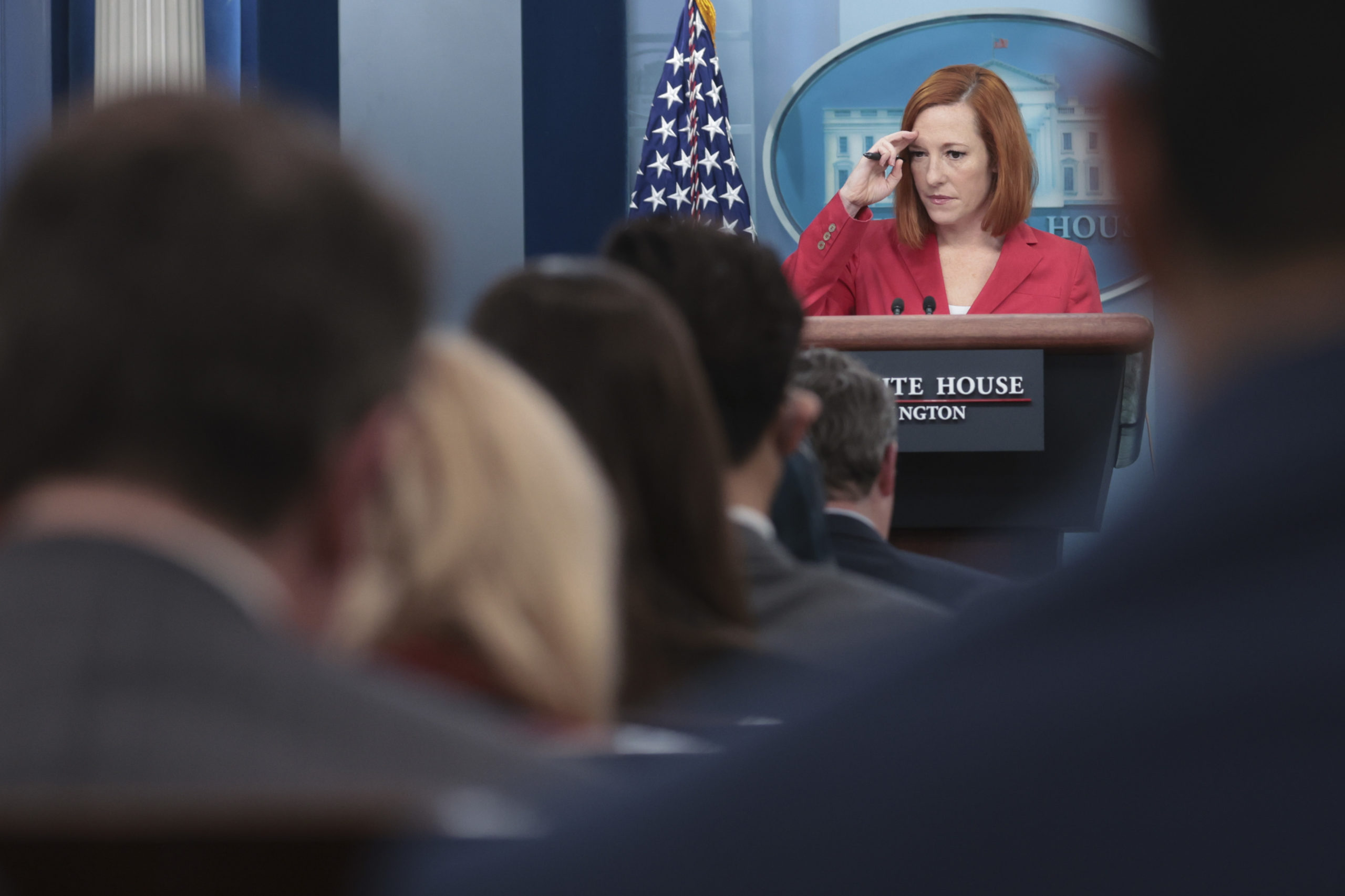 White House press secretary Jen Psaki answers questions during the daily briefing on Monday. (Win McNamee/Getty Images)