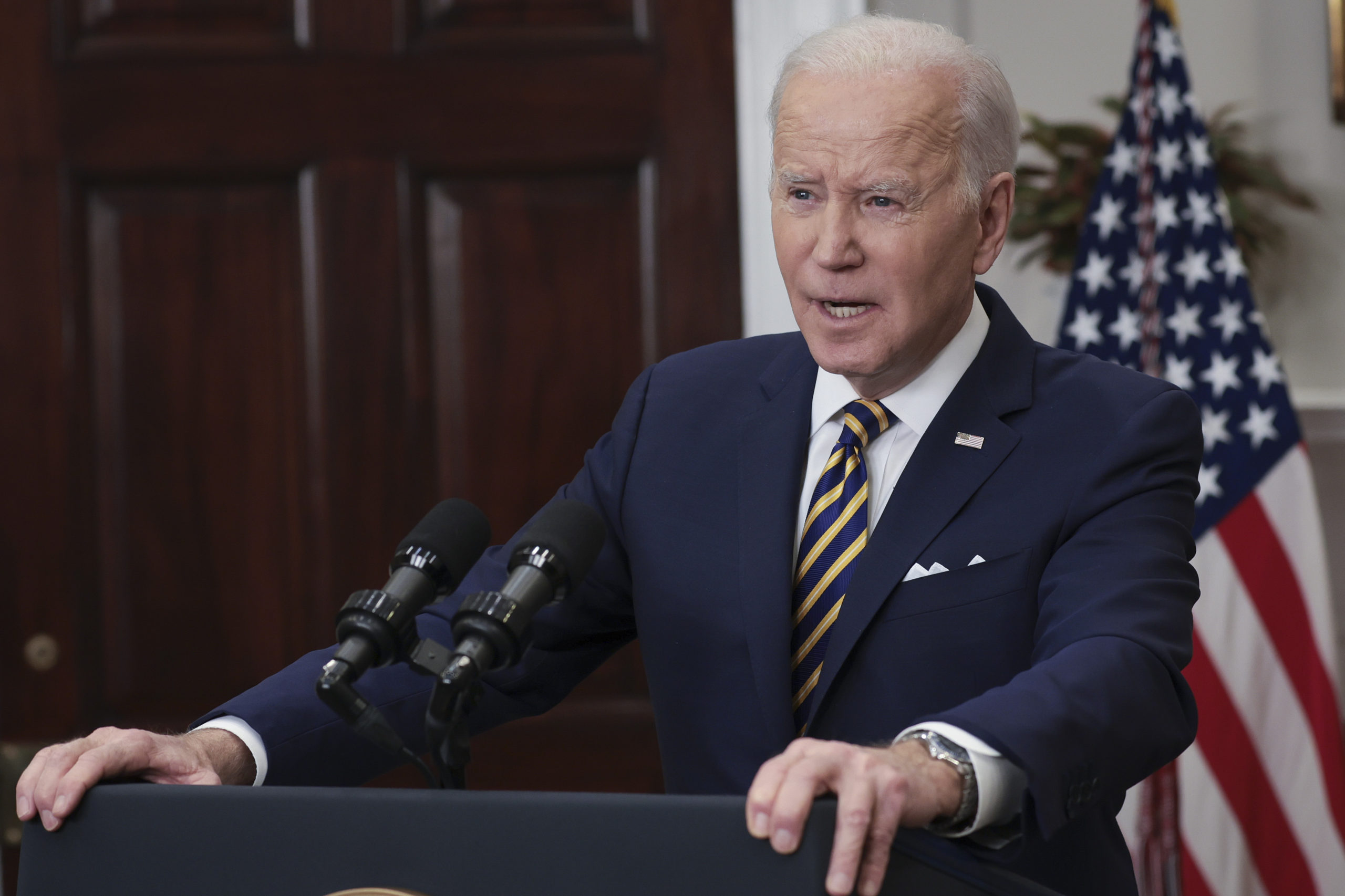 President Joe Biden announces the U.S. will ban Russian oil and petroleum products during a speech on March 8 at the White House. (Win McNamee/Getty Images)