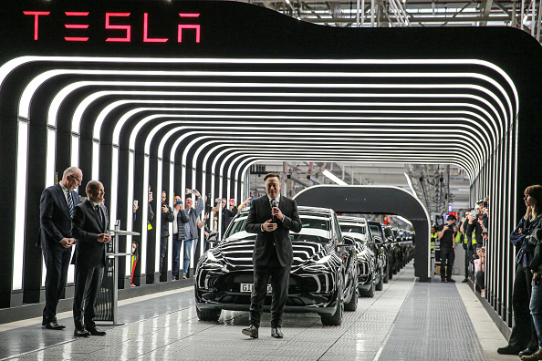 Tesla CEO Elon Musk speaks during the official opening of the new Tesla electric car manufacturing plant on March 22, 2022 near Gruenheide, Germany. (Photo by Christian Marquardt - Pool/Getty Images)