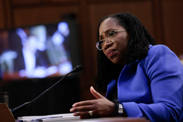 WASHINGTON, DC - MARCH 23: While being questioned by Sen. Josh Hawley (R-MO), Supreme Court nominee Judge Ketanji Brown Jackson testifies during her confirmation hearing before the Senate Judiciary Committee in the Hart Senate Office Building on Capitol Hill March 23, 2022 in Washington, DC. Judge Ketanji Brown Jackson, President Joe Biden's pick to replace retiring Justice Stephen Breyer on the U.S. Supreme Court, would become the first Black woman to serve on the Supreme Court if confirmed. (Photo by Anna Moneymaker/Getty Images)