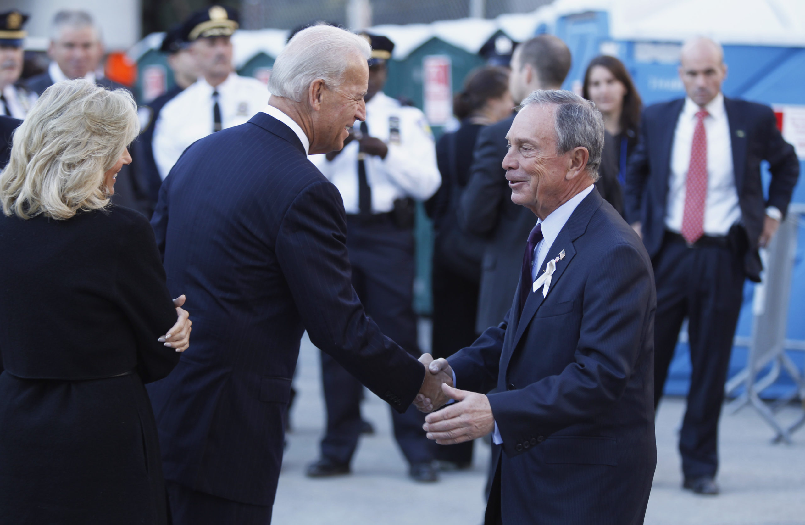 U.S. Vice President Joe Biden (L) greets New York City Mayor Michael Bloomberg at Ground Zero during the annual memorial service September 11, 2010 in New York City. Thousands will gather to pay a solemn homage on the ninth anniversary of the terrorist attacks that killed nearly 3,000 people on September 11, 2001. (Photo by Lucas Jackson-Pool/Getty Images)
