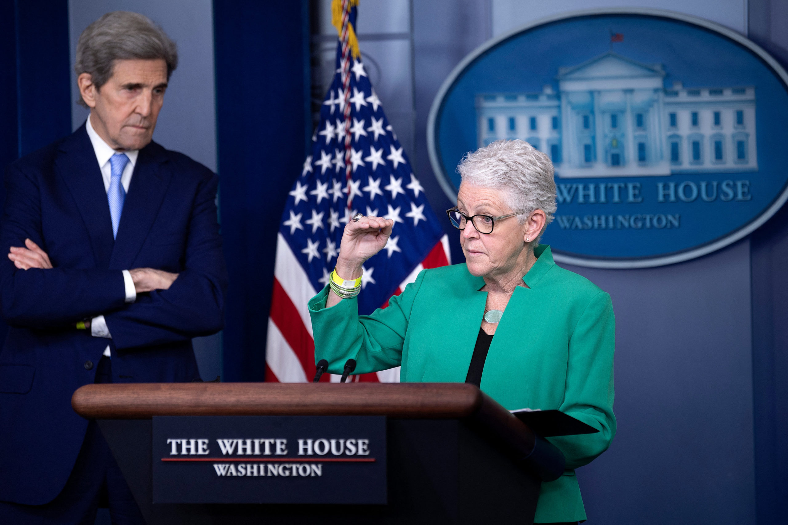 Climate Envoy John Kerry listens while White House climate adviser Gina McCarthy speaks during a press briefing on April 22, 2021, in Washington, D.C. (Brendan Smialowski/AFP via Getty Images)