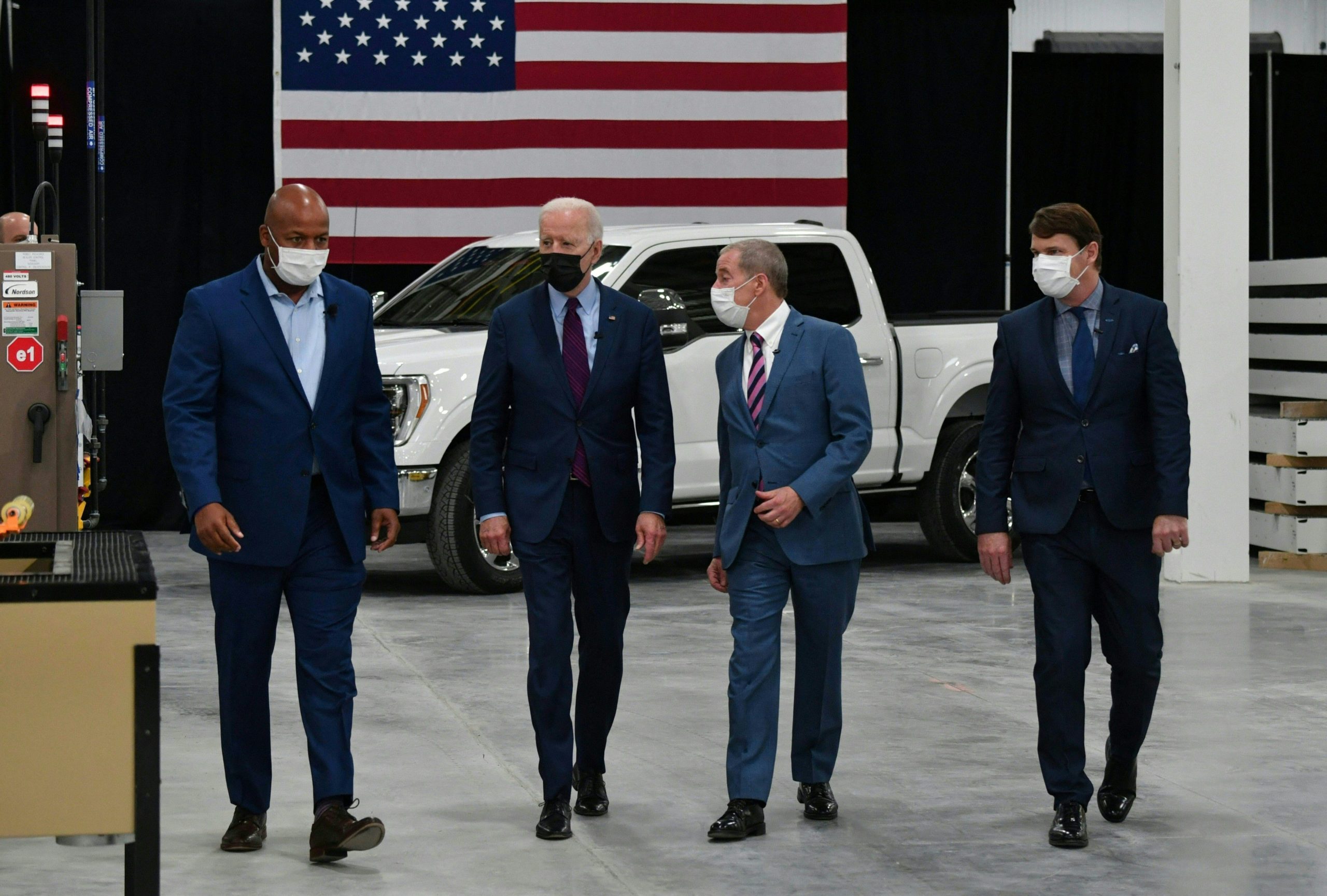 President Joe Biden tours of the Ford Rouge Electric Vehicle Center in Dearborn, Michigan, on May 18, 2021. (Nicholas Kamm/AFP via Getty Images)