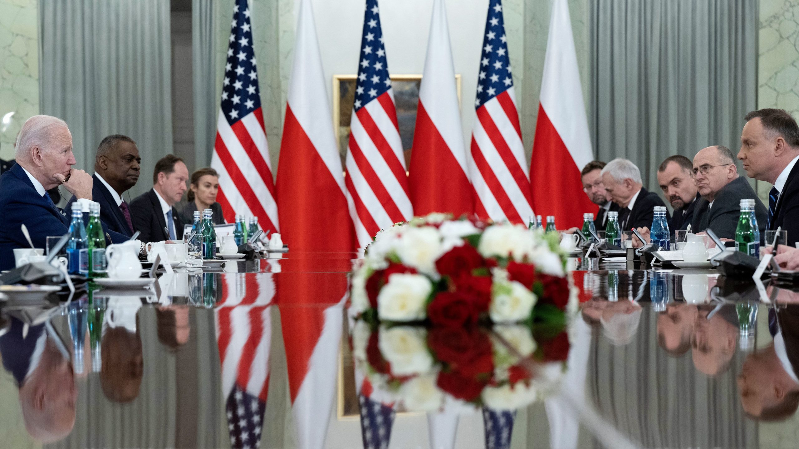 President Joe Biden attends a meeting with Polish President Andrzej Duda in Warsaw, Poland, on March 26. (Brendan Smialowski/AFP via Getty Images)
