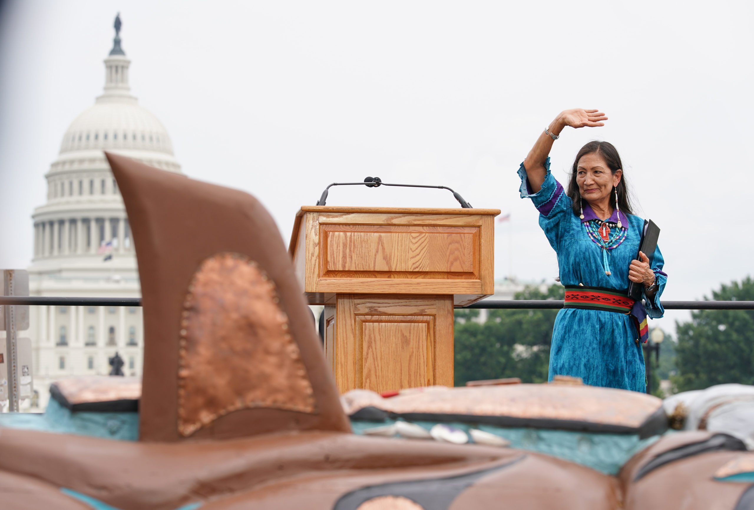 Secretary of the Interior Deb Haaland departs the stage at an event on July 29, 2021 in Washington, D.C. (Jemal Countess/Getty Images for Native Organizers Alliance)