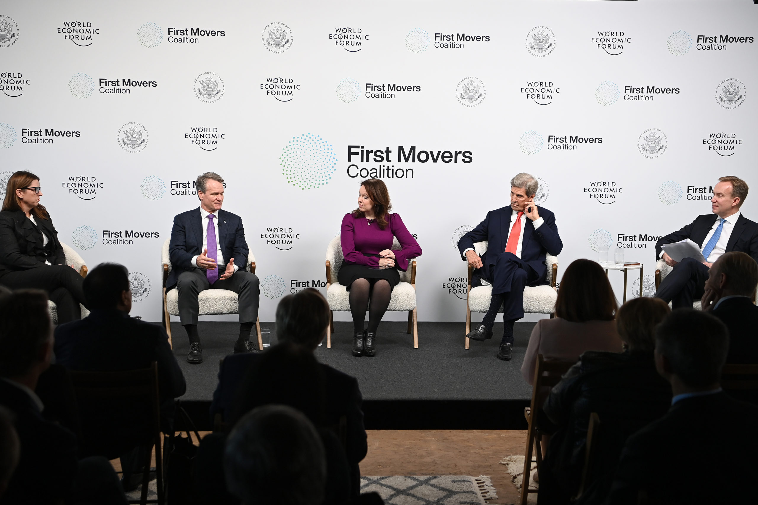 Bank of America CEO Brian Moynahan speaks alongside Special Presidential Envoy on Climate John Kerry and other leaders at the United Nations climate conference on Nov. 4, 2021 in Glasgow, Scotland. (Jeff J. Mitchell/Getty Images)