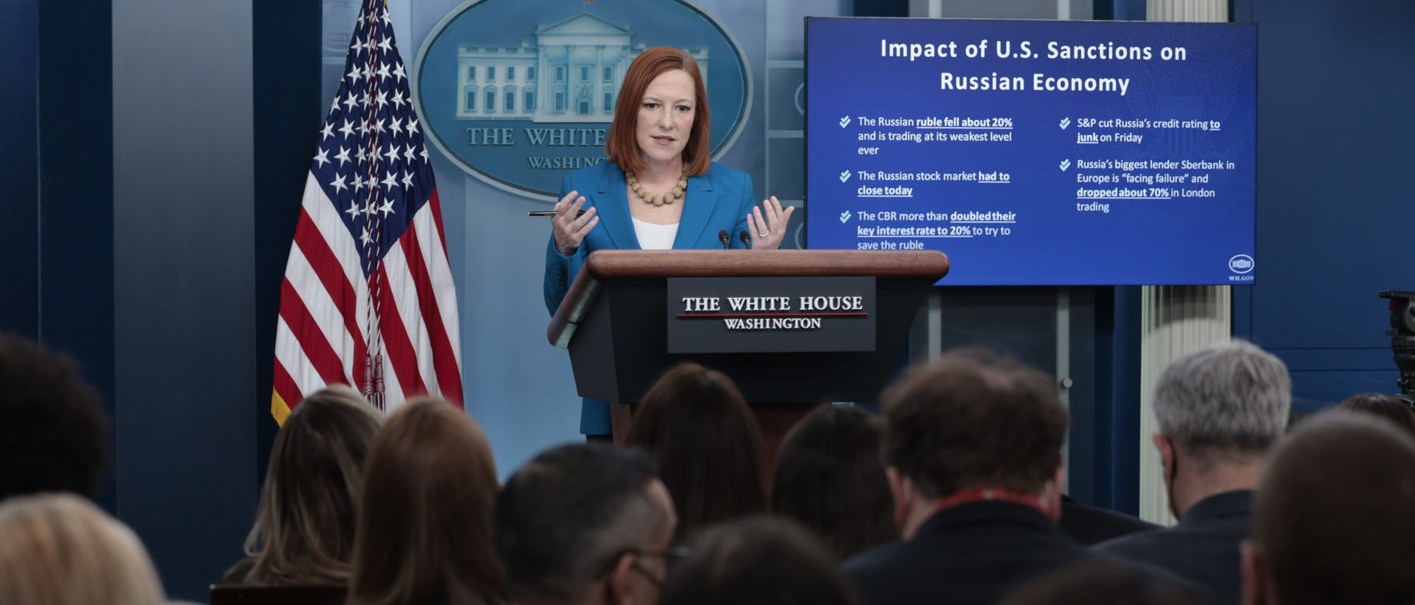 WASHINGTON, DC - FEBRUARY 28: White House press secretary Jen Psaki speaks during the daily press briefing on February 28, 2022 in Washington, DC. During the briefing Psaki previewed the remarks U.S. President Joe Biden will give during his first State of the Union address tomorrow. (Photo by Anna Moneymaker/Getty Images)