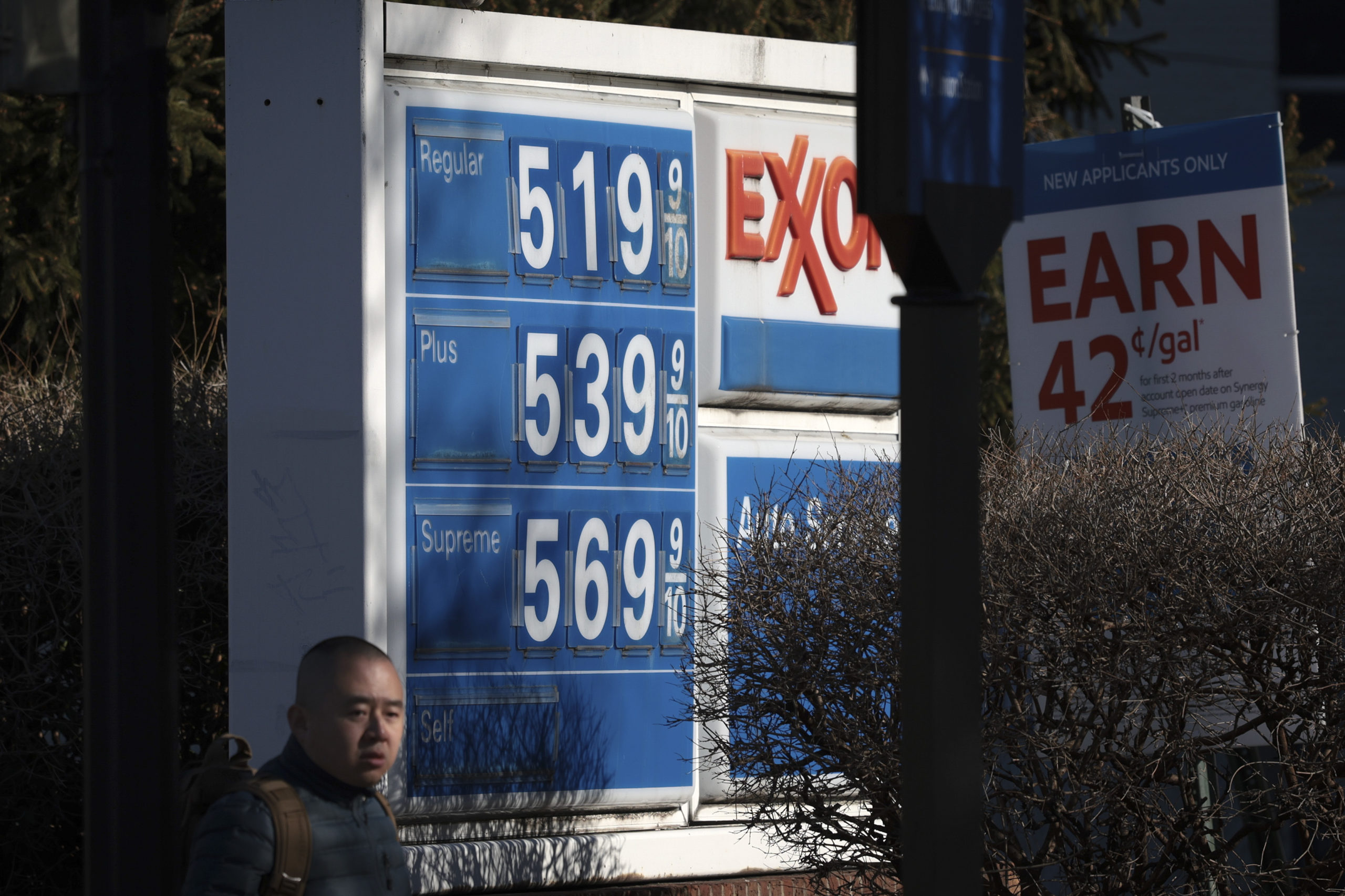Prices at an Exxon gas station in Washington, D.C. are pictured in March. (Win McNamee/Getty Images)