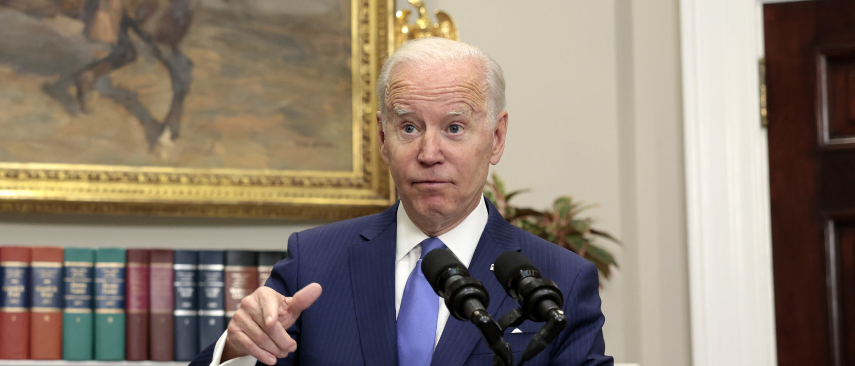 WASHINGTON, DC - APRIL 28: U.S. President Joe Biden gestures as he gives remarks on providing additional support to Ukraine’s war efforts against Russia from the Roosevelt Room of the White House on April 28, 2022 in Washington, DC. Alongside a new supplemental aid request to the U.S. Congress, President Biden proposed turning assets from Russian oligarchs seized through sanctions into funding to rebuild Ukraine. (Photo by Anna Moneymaker/Getty Images)