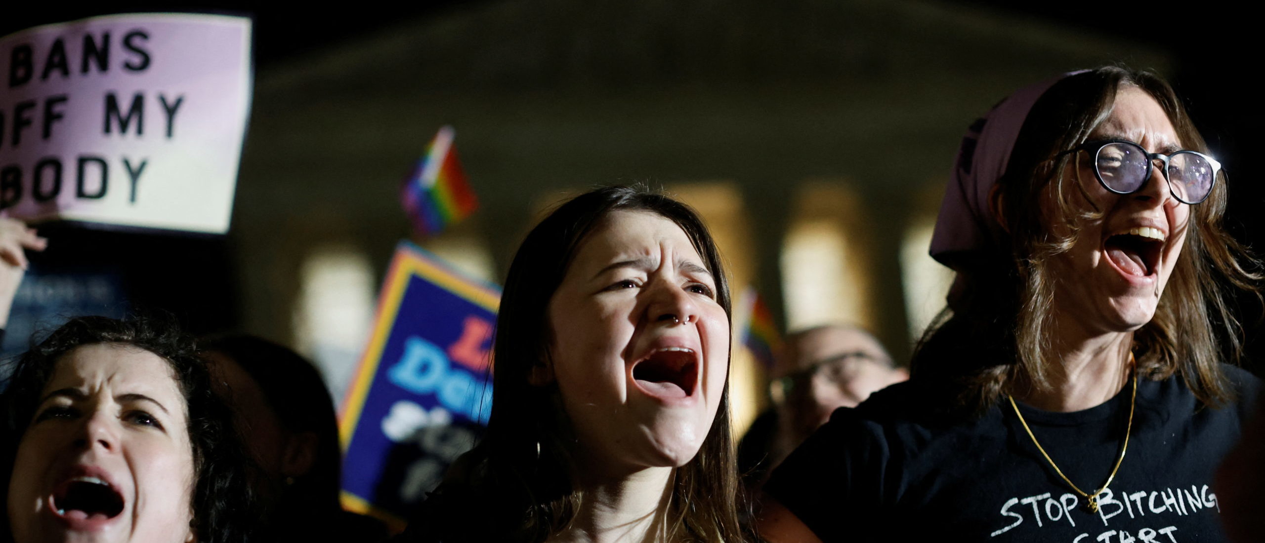 Pro-abortion rights protesters react outside the U.S. Supreme Court after the leak of a draft majority opinion written by Justice Samuel Alito preparing for a majority of the court to overturn the landmark Roe v. Wade abortion rights decision later this year, in Washington, U.S., May 2, 2022.