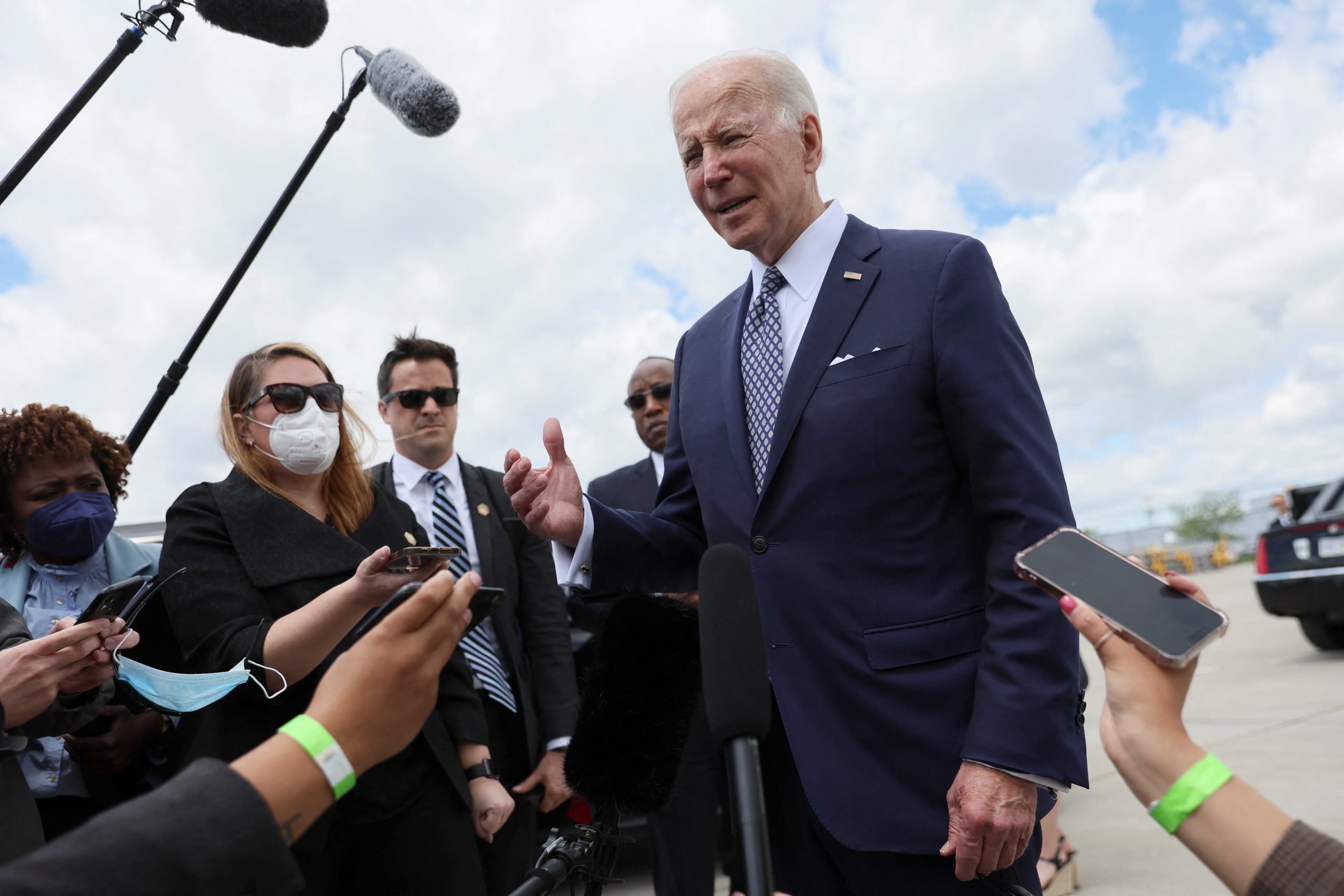 U.S. President Joe Biden speaks with members of the media, before departing Buffalo-Niagara International Airport, after visiting the area to pay his respects to the people killed in a mass shooting by a gunman authorities say was motivated by racism, in Buffalo, NY, U.S. May 17, 2022. REUTERS/Leah Millis