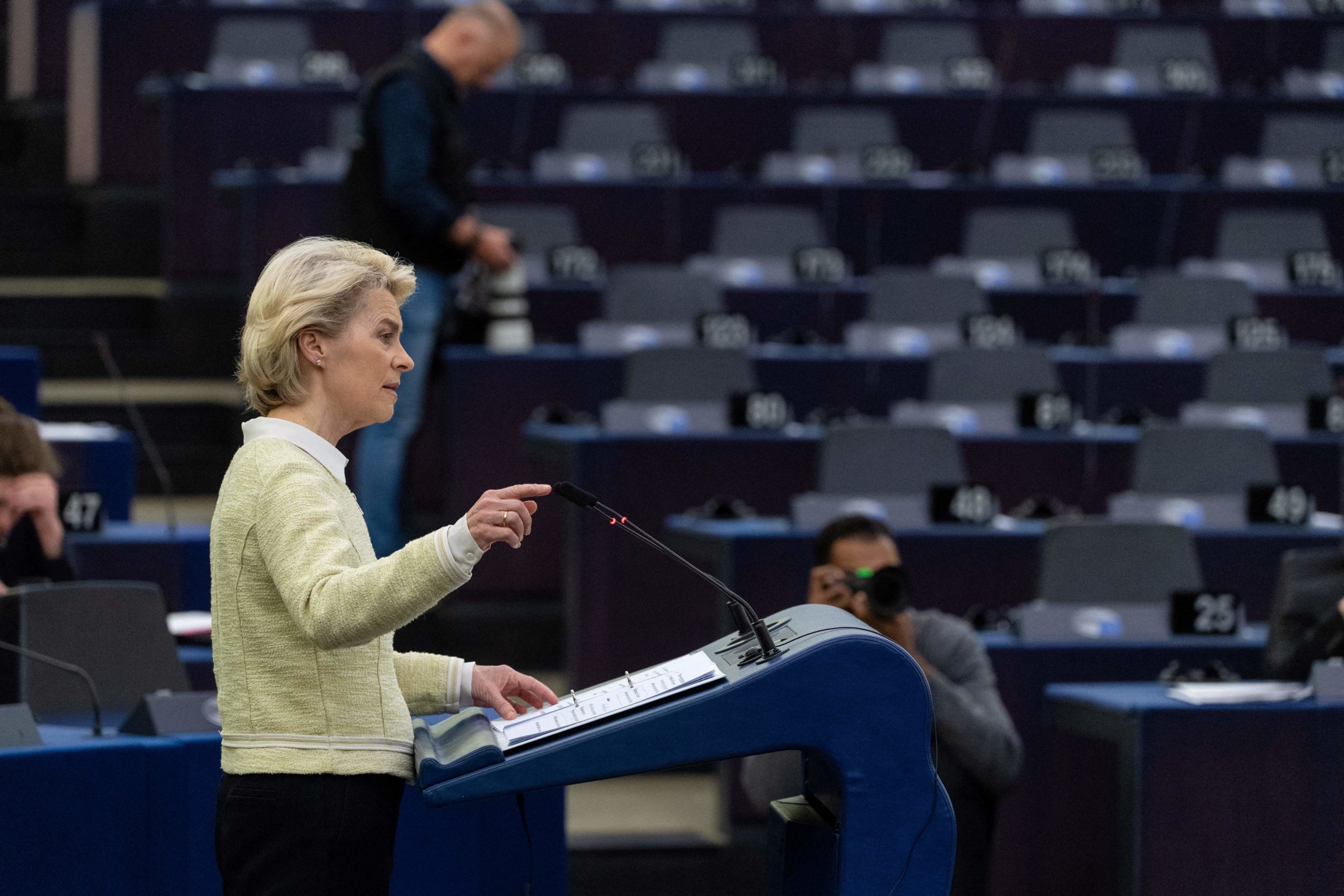 European Commission President Ursula von der Leyen speaks at the European Parliament in Strasbourg, France, on Wednesday. (Patrick Hertzog/AFP via Getty Images)