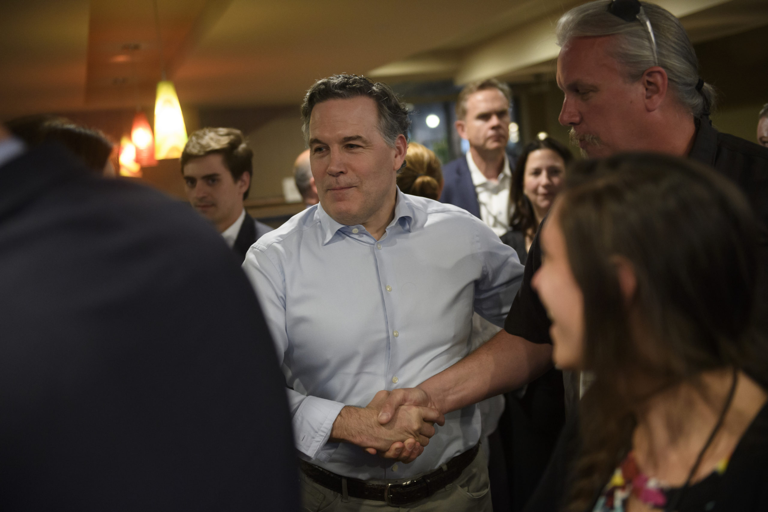 Pennsylvania GOP U.S. Senate candidate Dave McCormick greets supporters at the Indigo Hotel Tuesday evening after the polls revealed he had an early lead over Dr Mehmet Oz in the primary race on May 17, 2022 in Pittsburgh, Pennsylvania. (Photo by Jeff Swensen/Getty Images)