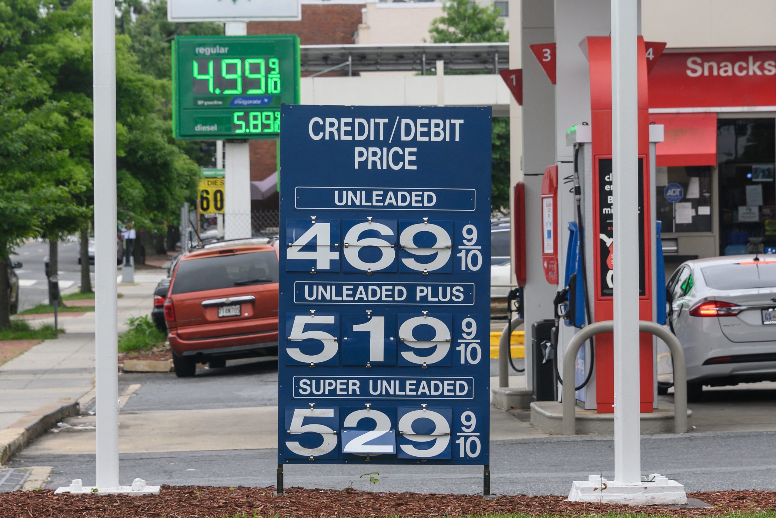 Gasoline prices are posted at a gas station in Washington, D.C., on Thursday. (Nicholas Kamm/AFP via Getty Images)