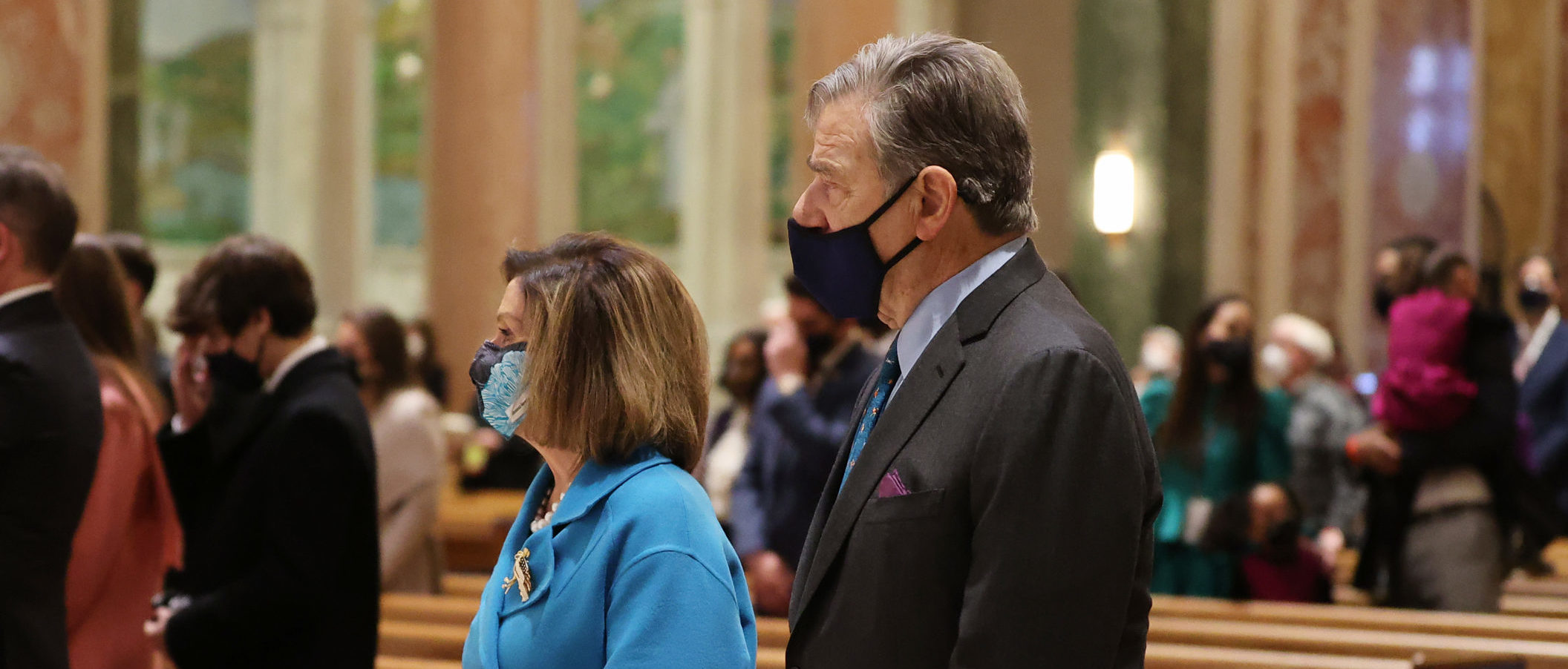 WASHINGTON, DC - JANUARY 20: U.S. House Speaker Nancy Pelosi and her husband Paul Pelosi attend services at the Cathedral of St. Matthew the Apostle with Congressional leaders prior the 59th Presidential Inauguration ceremony on January 20, 2021 in Washington, DC. During today's inauguration ceremony Joe Biden becomes the 46th president of the United States. (Photo by Chip Somodevilla/Getty Images)