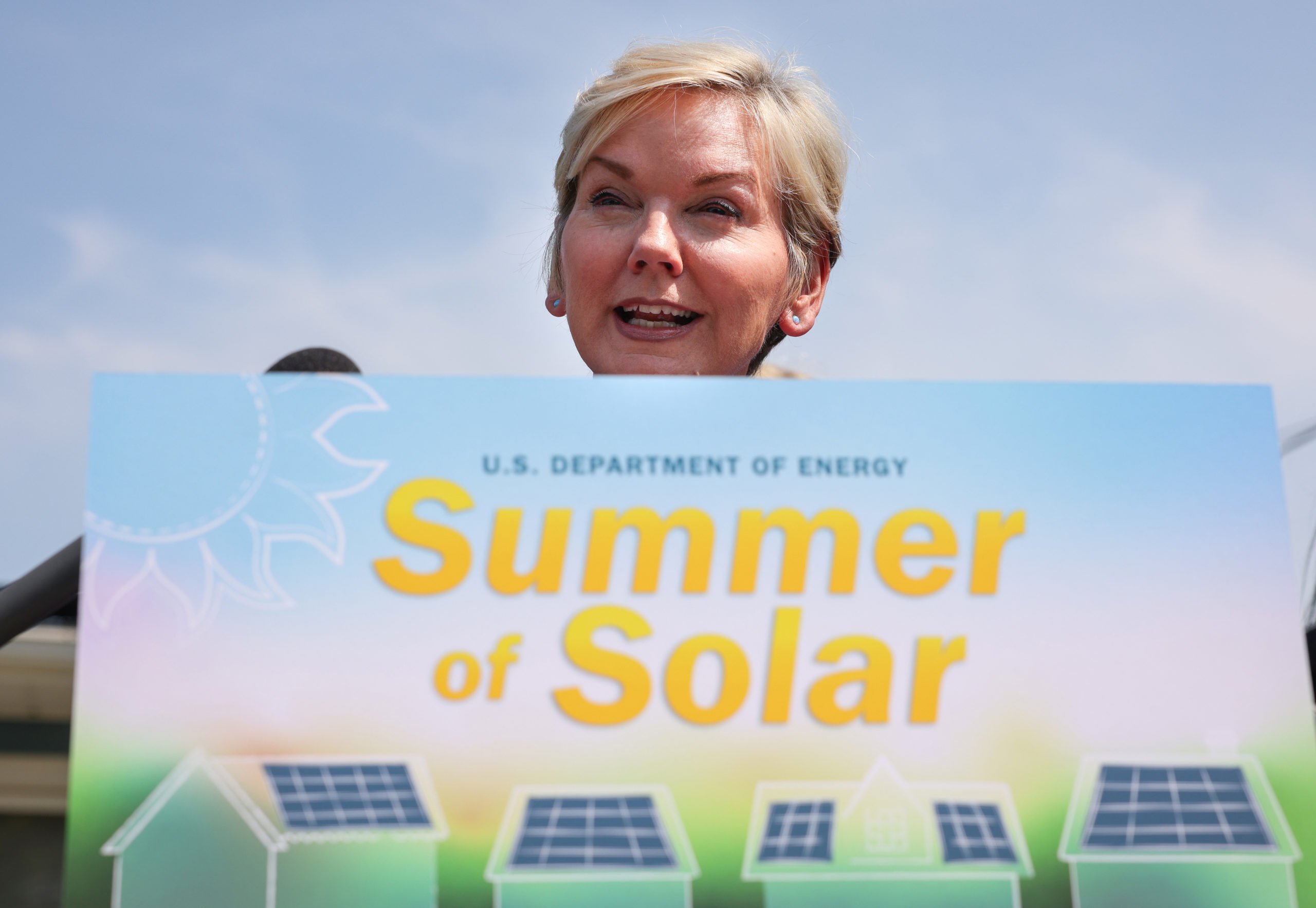 Energy Secretary Jennifer Granholm announces a new solar power program in July 2021 in Silver Spring, Maryland. (Kevin Dietsch/Getty Images)