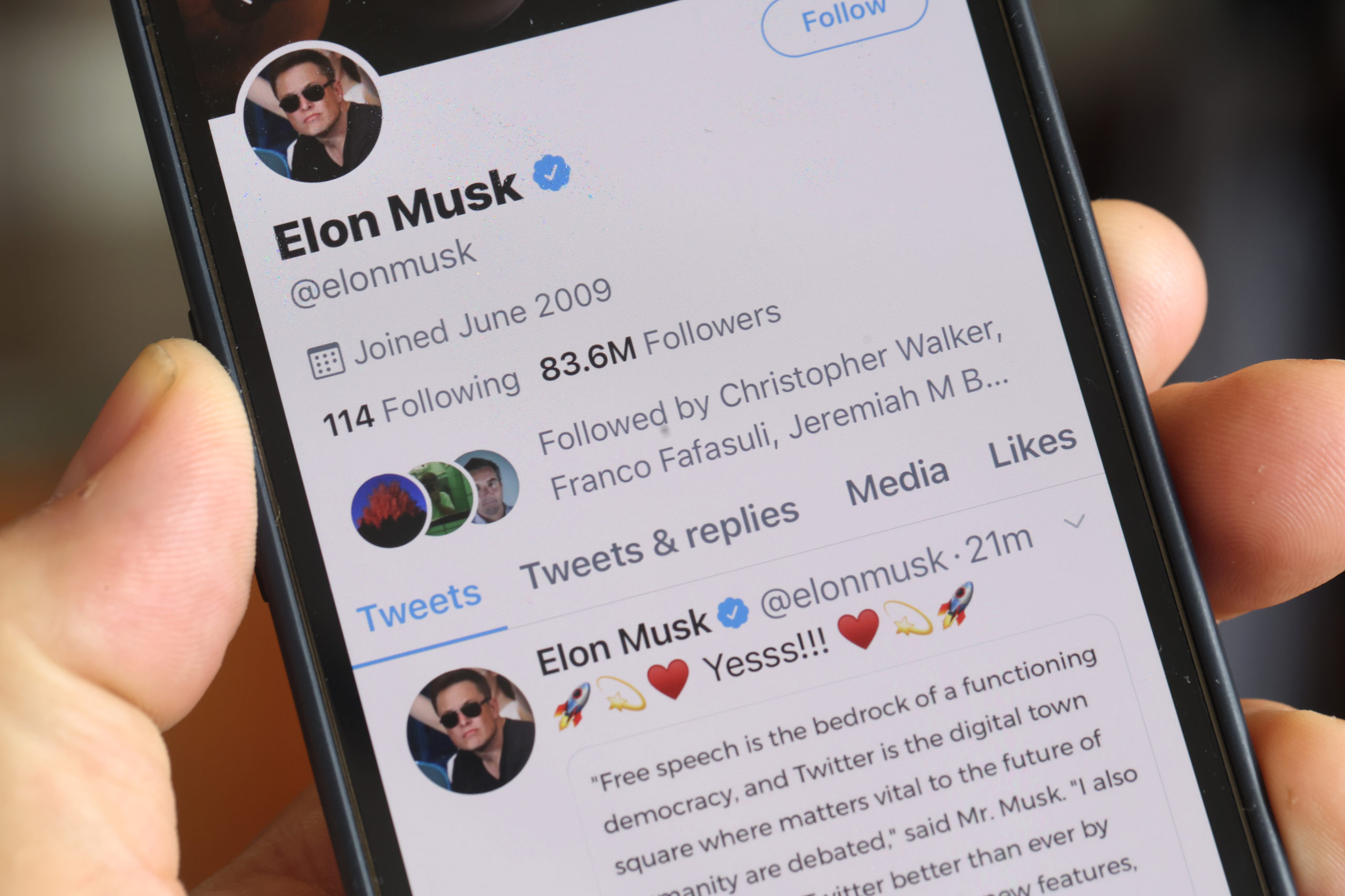 In this photo illustration, The Twitter profile of Elon Musk with more than 80 million followers in shown on a cell phone on April 25, 2022 in Chicago, Illinois. (Photo Illustration by Scott Olson/Getty Images)