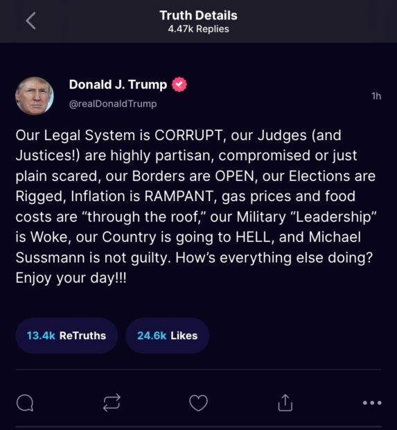 A screenshot of Former President Donald Trump's Truth Social account [Screenshot Truth Social]