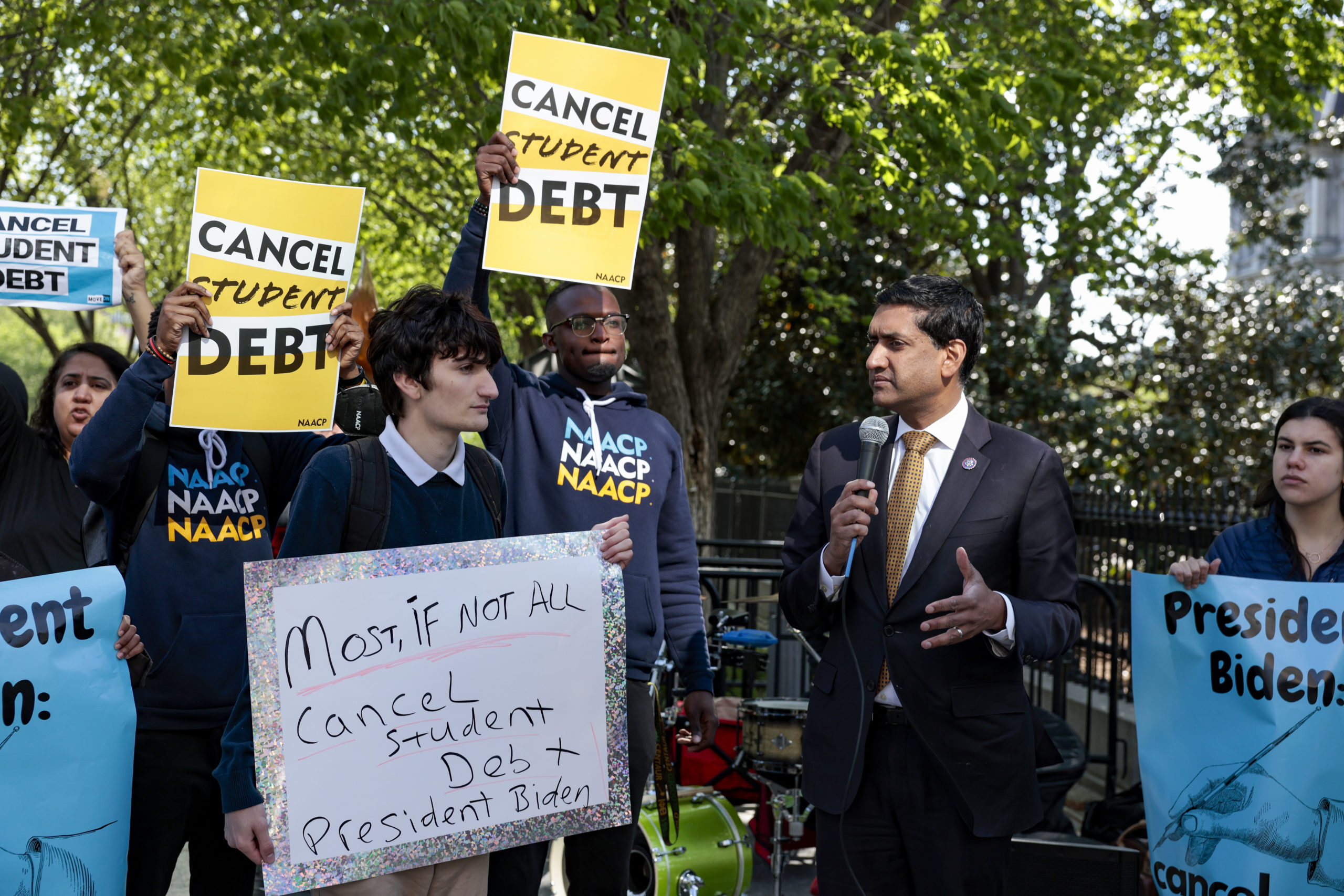 Rep. Ro Khanna (D-CA) speaks at a Student Loan Forgiveness rally on Pennsylvania Avenue and 17th street near the White House on April 27, 2022 in Washington, DC. Student loan activists including college students held the rally to celebrate U.S. President Joe Biden's extension of the pause on student loans and also urge him to sign an executive order that would fully cancel all student debt. (Photo by Anna Moneymaker/Getty Images)