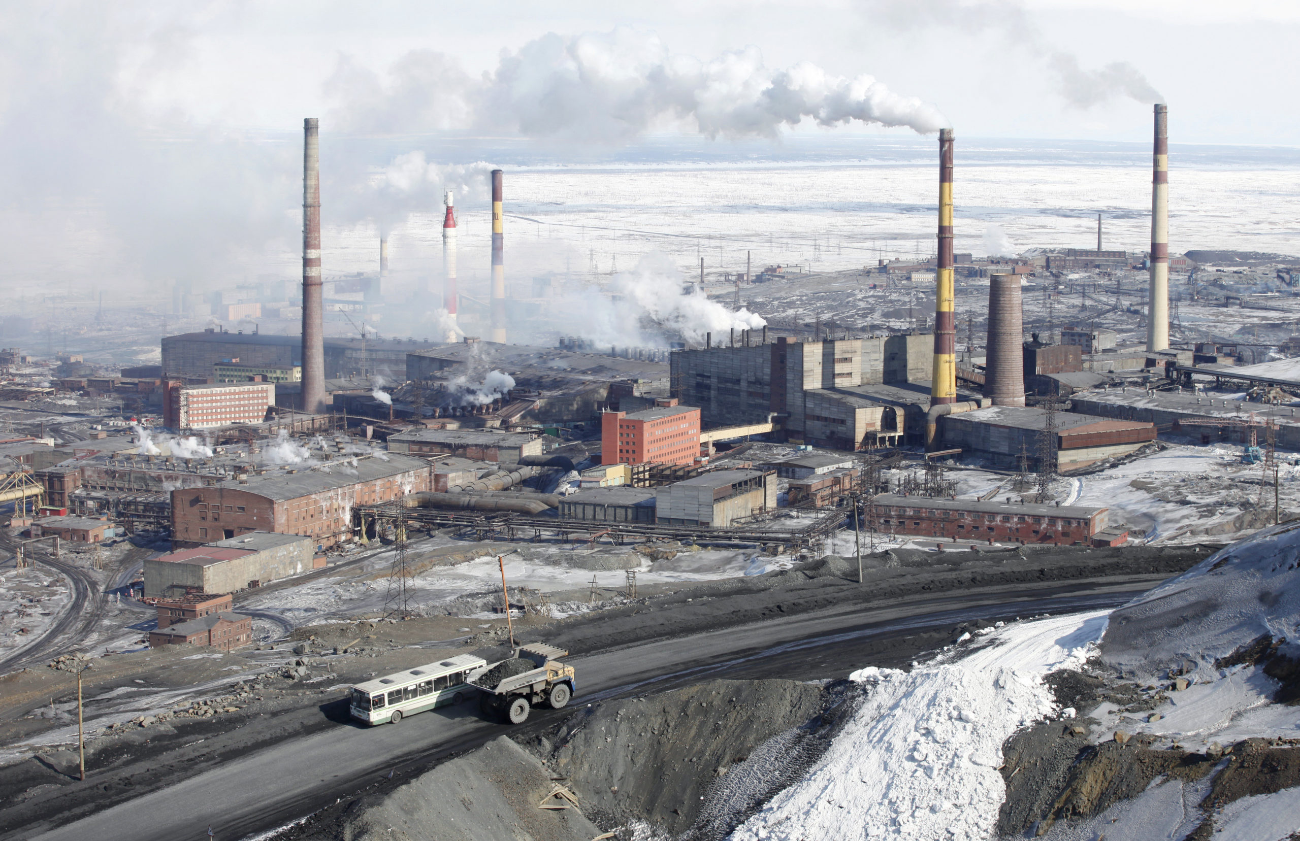 A general view is seen of Norilsk Nickel's nickel plant in Russia's Arctic city of Norilsk, April 16, 2010. More than a quarter of the 210,000 people living in and around the city work for Norilsk Nikel, a $38 billion company mining a fifth of the world's nickel and more than half of its palladium, a metal used in car exhausts and jewellery.