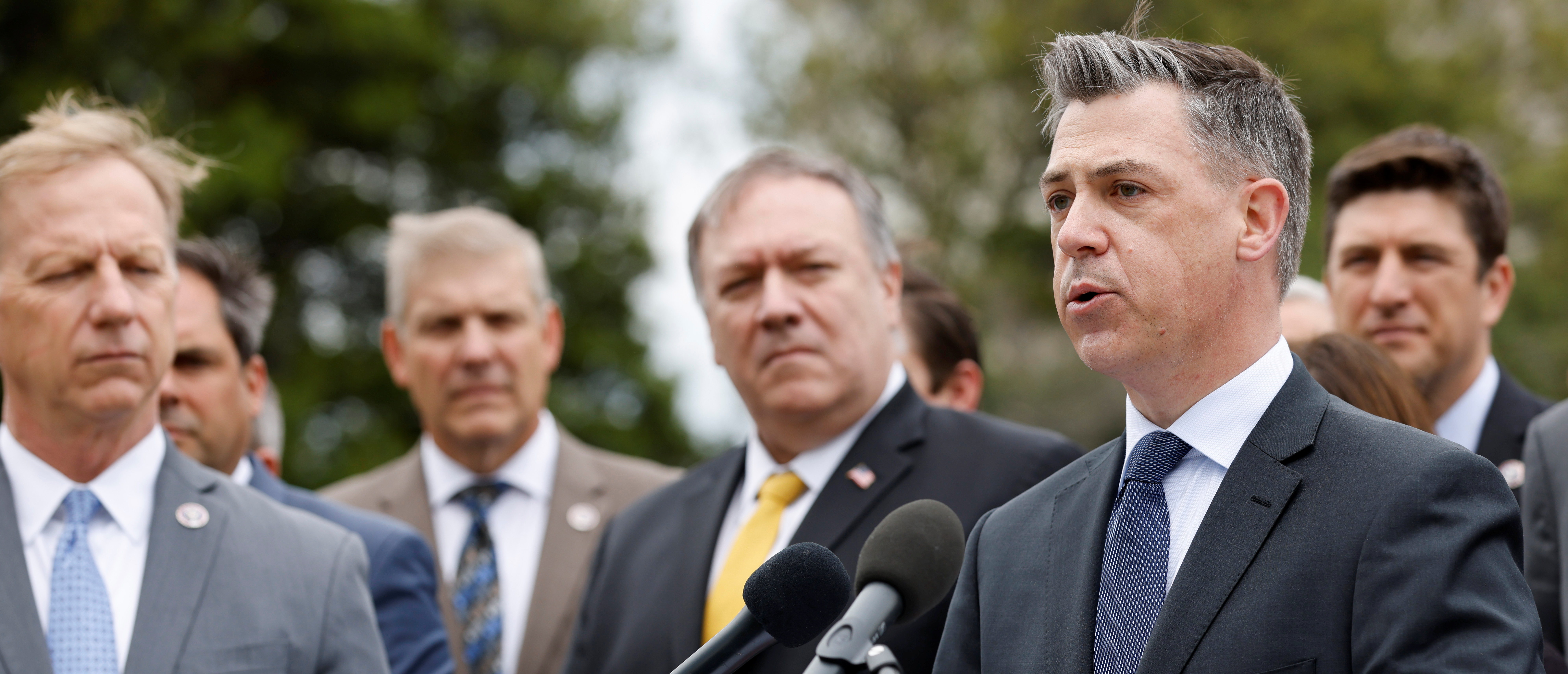 Republican Study Committee Chairman U.S. Rep. Jim Banks (R-IN), joined by former Secretary of State Mike Pompeo, holds a news conference on the U.S. posture towards Iran’s nuclear program, at the U.S. Capitol in Washington, U.S. April 21, 2021. 