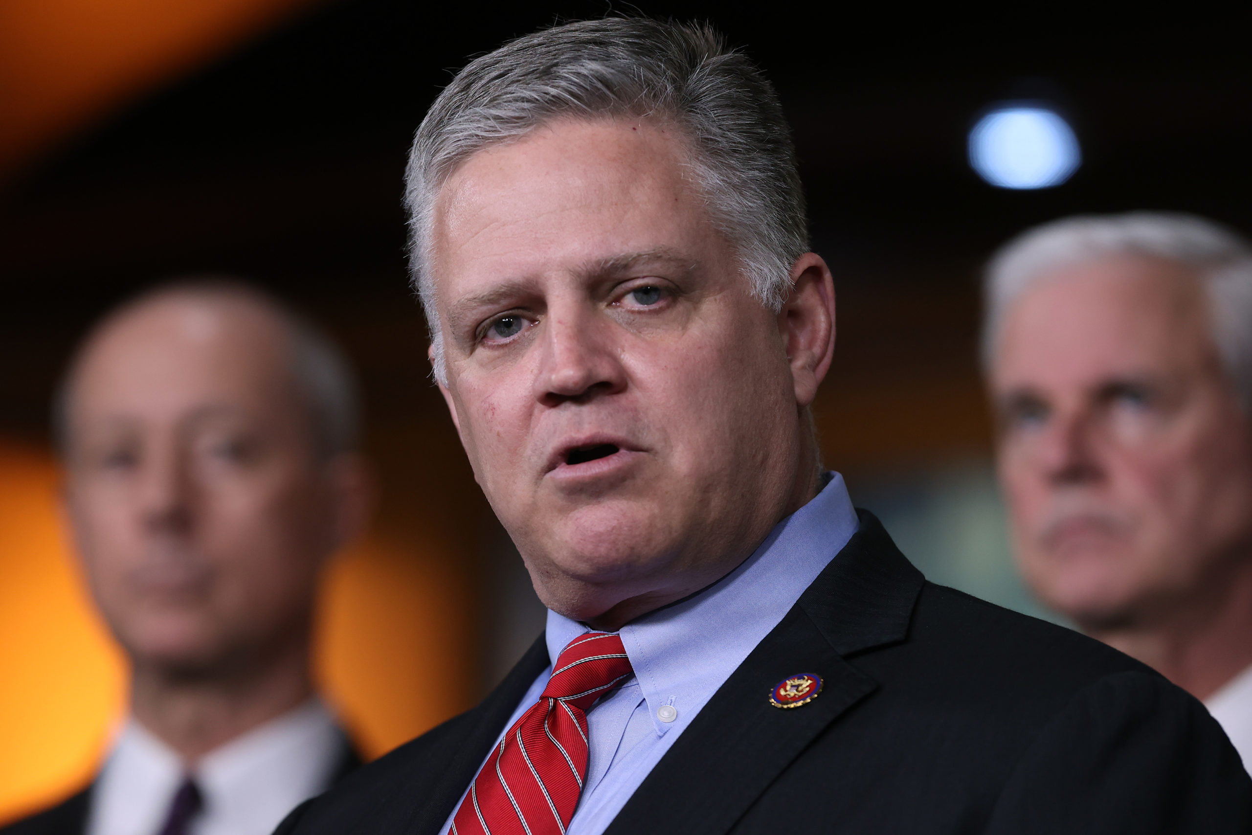 Rep. Drew Ferguson (R-GA) talks to reporters with Rep. Mac Thornberry (R-TX) (L) and Rep. Steve Womack (R-AR) following the weekly GOP caucus meeting at the U.S. Capitol February 11, 2020 in Washington, DC. (Photo by Chip Somodevilla/Getty Images)