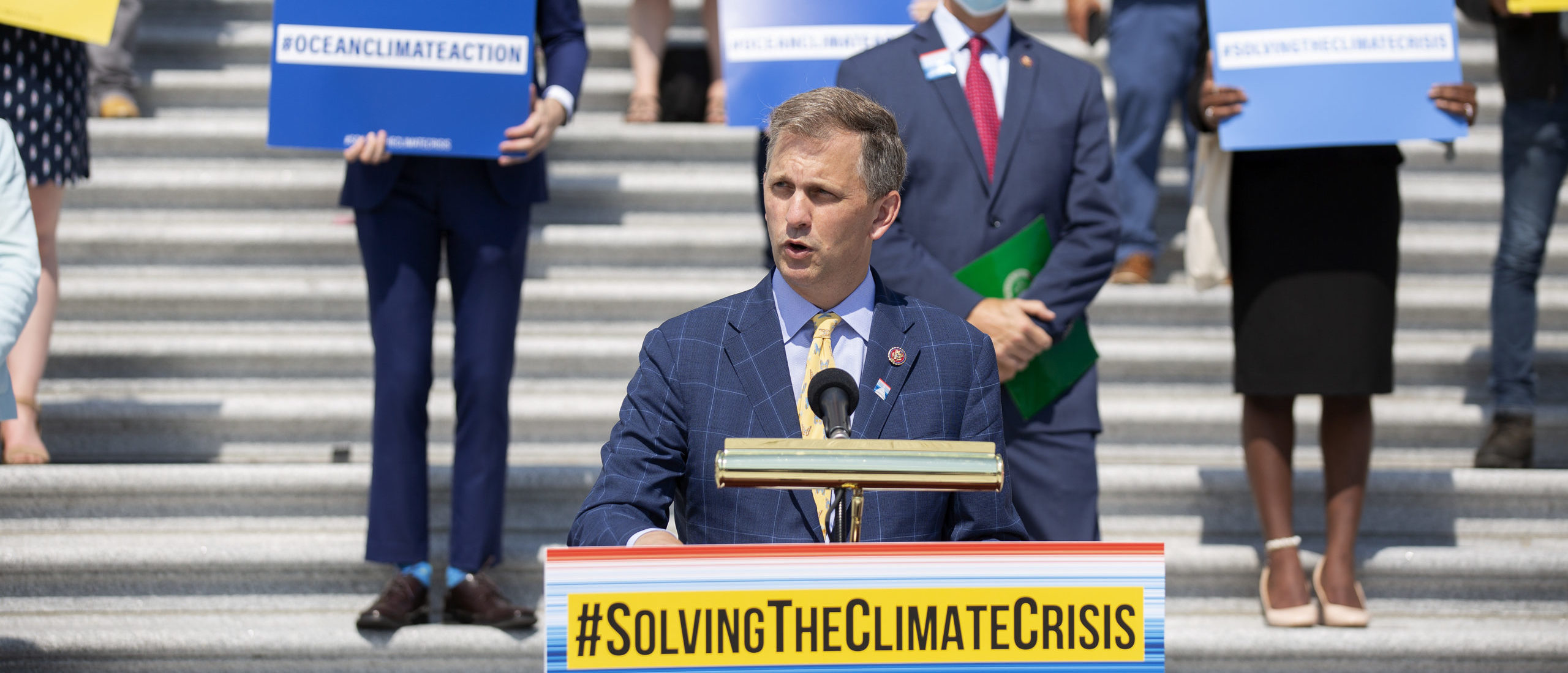 WASHINGTON, DC - JUNE 30: U.S. Rep. Sean Casten (D-IL), joined by members of the Select Committee on the Climate Crisis, delivers remarks during a news conference outside the U.S. Capitol on June 30, 2020 in Washington, DC. Speaker of the House Nancy Pelosi (D-CA) joined her colleagues to unveil the Climate Crisis action plan, which calls for government mandates, tax incentives and new infrastructure to bring the U.S. economys greenhouse gas emissions to zero by 2050. (Photo by Stefani Reynolds/Getty Images)